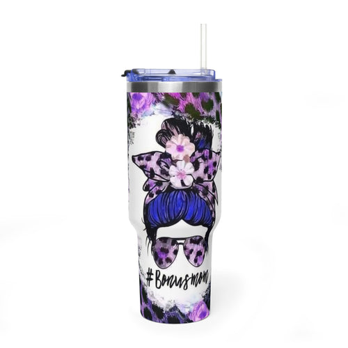 40oz Boss Mom Tumbler — Purple Leopard Floral Thermal Travel Mug