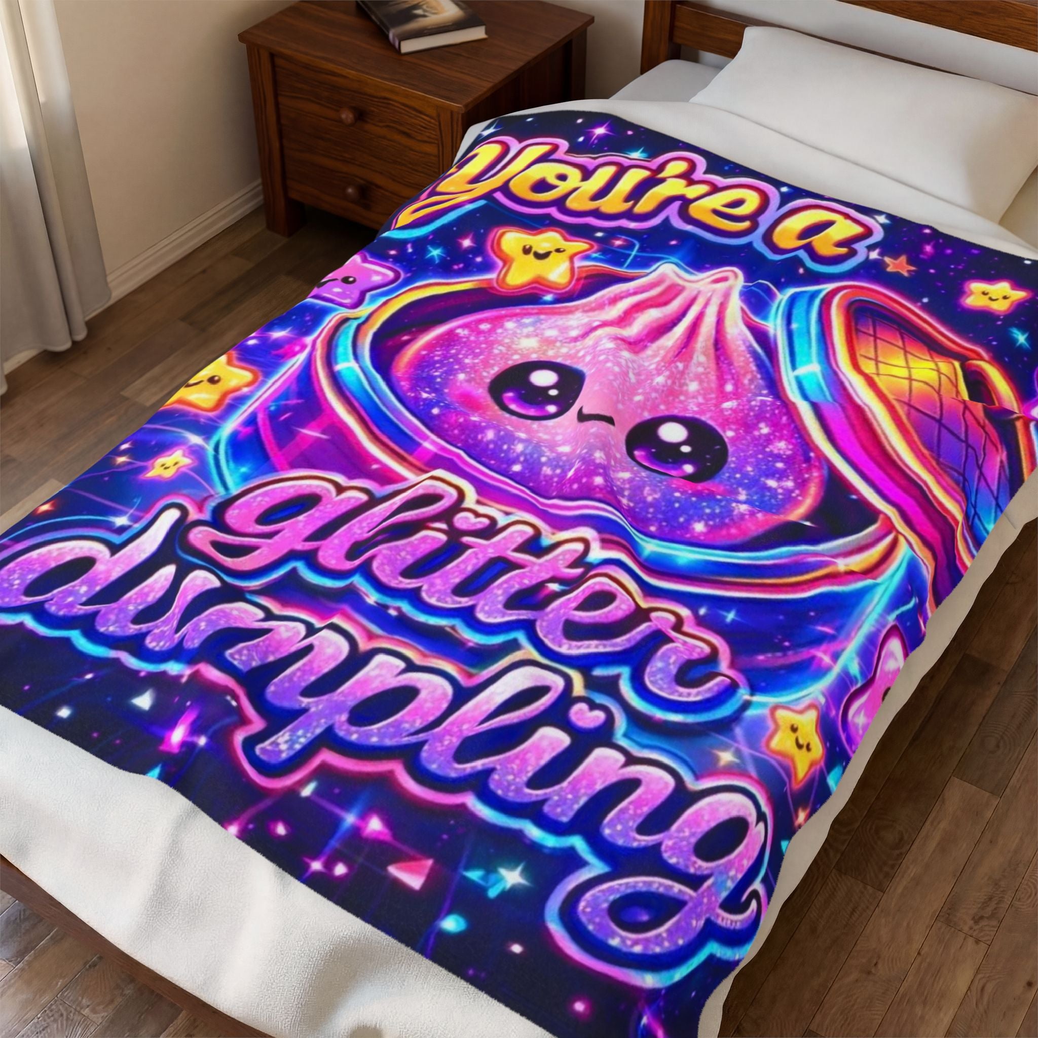Velveteen Plush Blanket — "You're a Glitter Dumpling" Kawaii Galaxy Throw