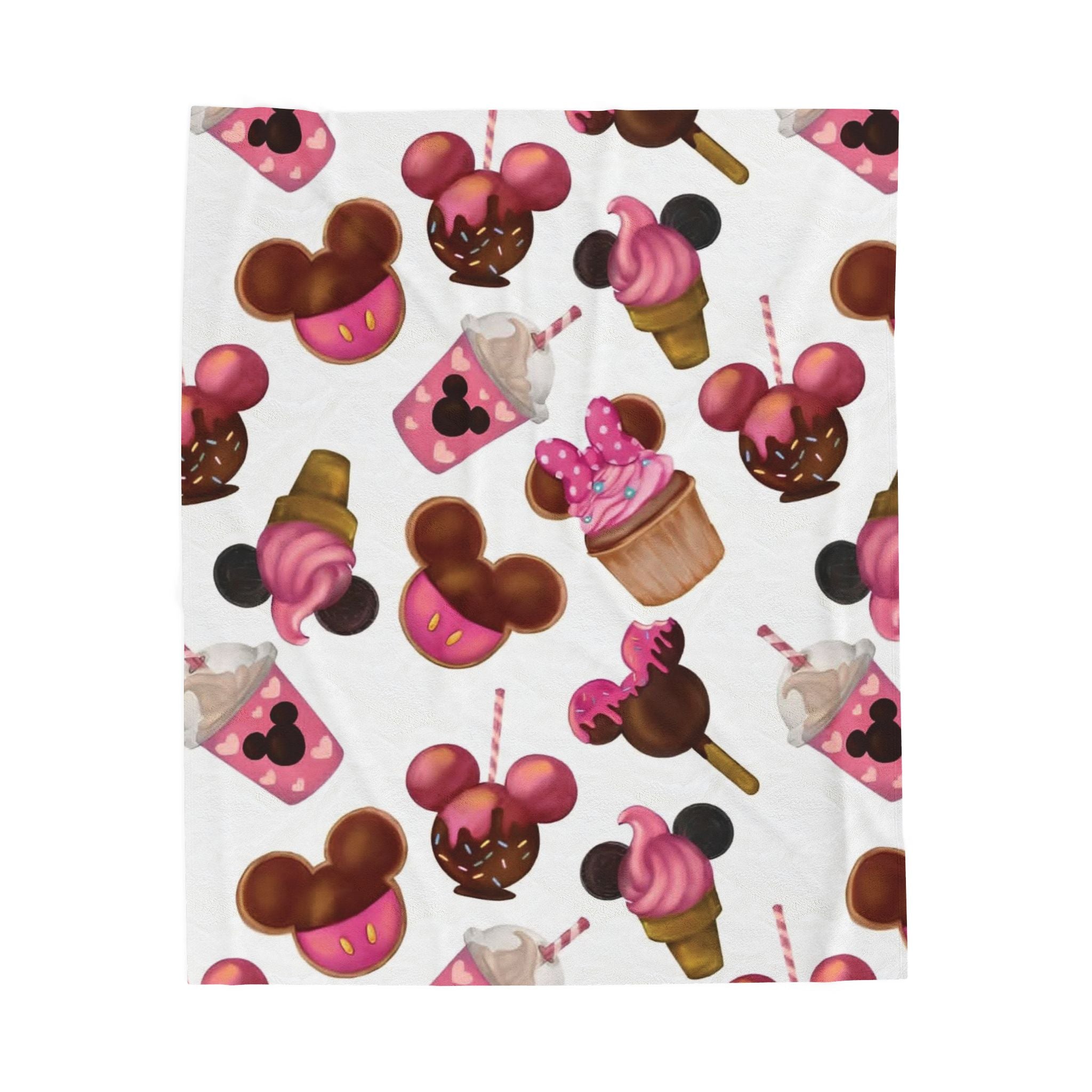 Pink Mickey Treats Velveteen Plush Blanket — Cute Disney Snack Pattern Cozy Throw