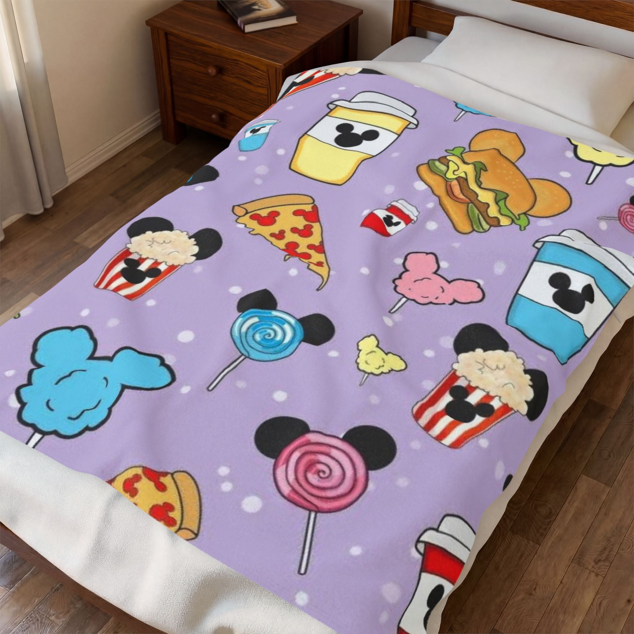 Velveteen Plush Blanket — Cute Theme Park Snacks Print (Popcorn, Cotton Candy, Pizza & Drinks)