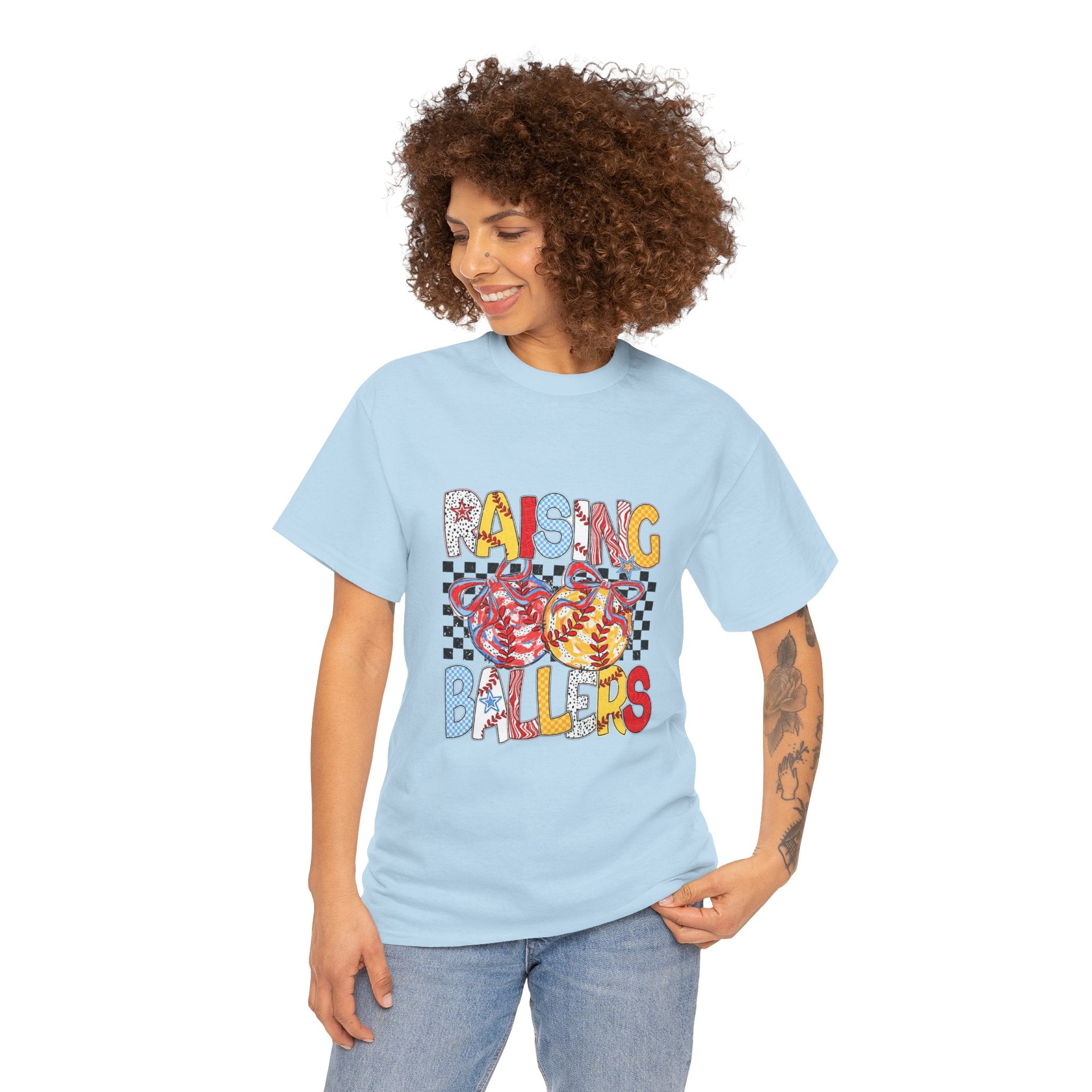 T-Shirt — "Raising Ballers" Kids Sports Tee with Retro Checkered Basketball Design