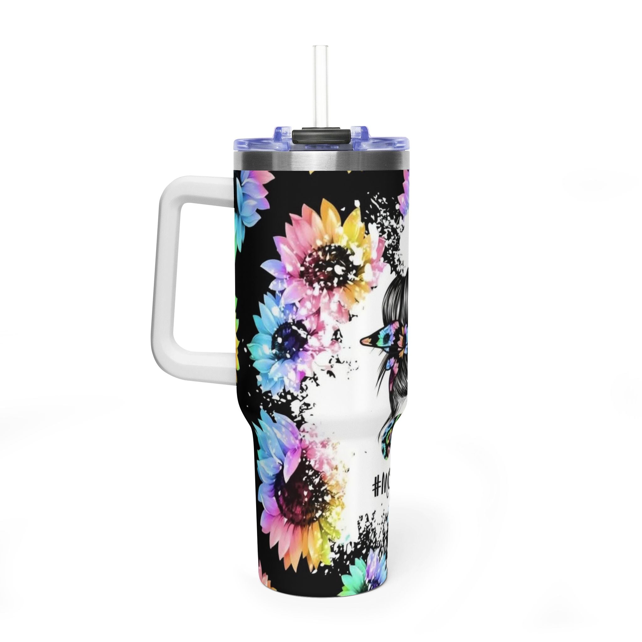 40oz Mom Life Tumbler - Floral Skull Messy Bun Vacuum Insulated Travel Mug