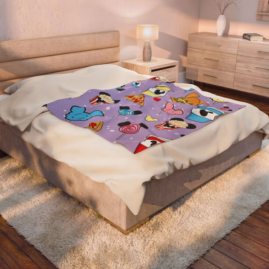 Velveteen Plush Blanket — Cute Theme Park Snacks Print (Popcorn, Cotton Candy, Pizza & Drinks)
