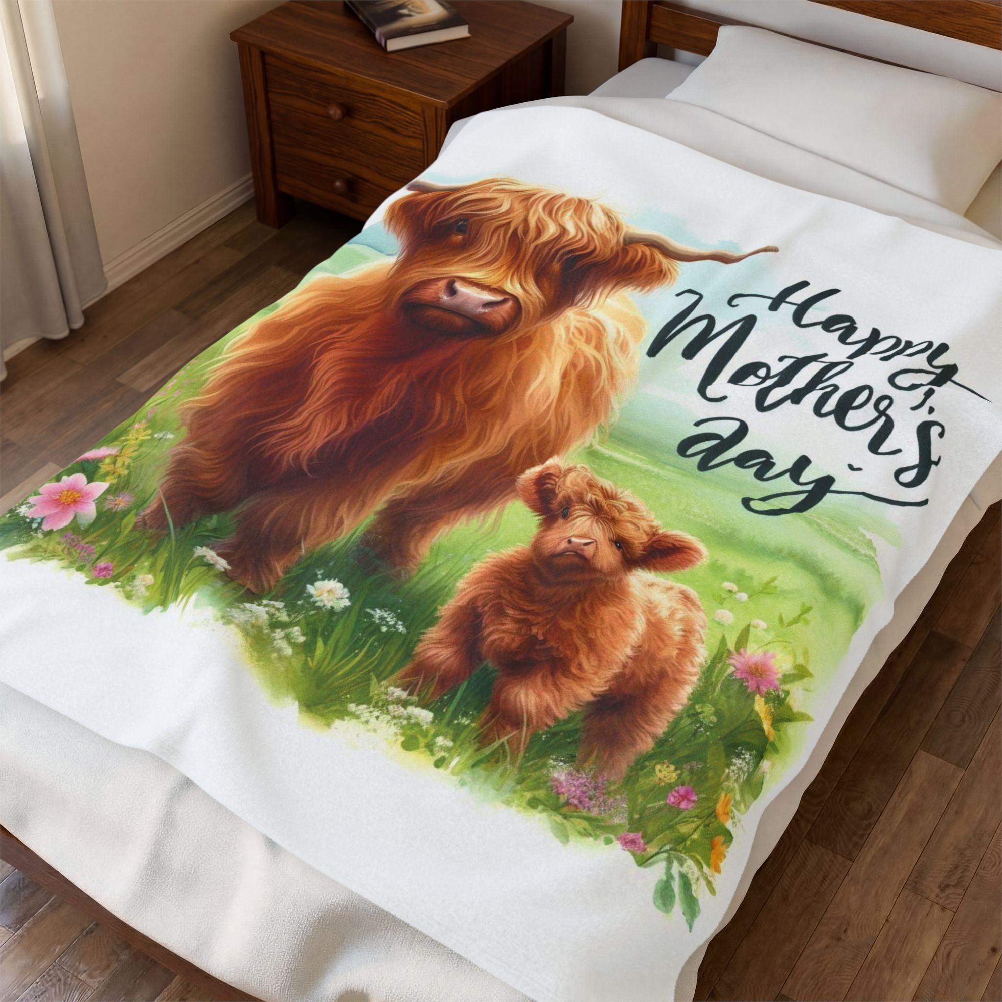 Mother's Day Velveteen Plush Blanket – Highland Cow & Calf Gift
