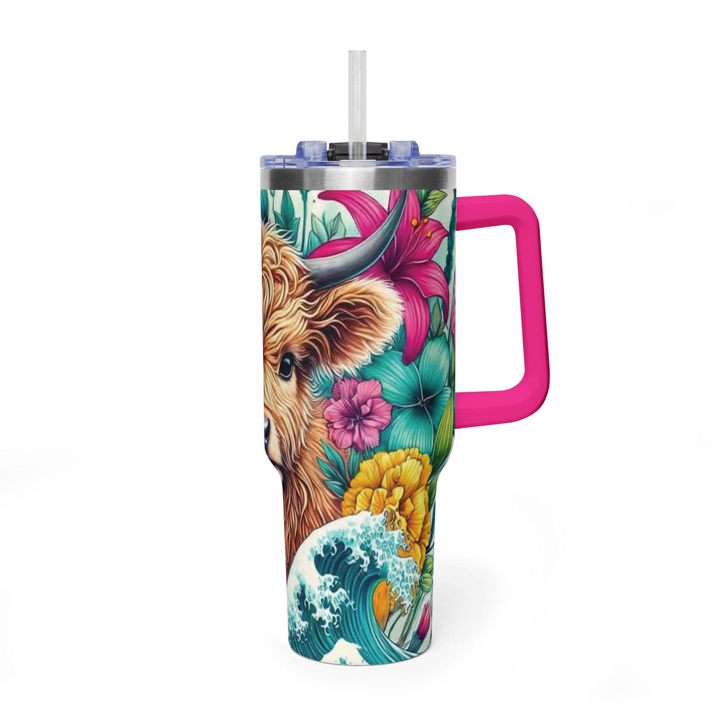 40oz Thermal Tumbler – Floral Highland Cow Insulated Travel Mug