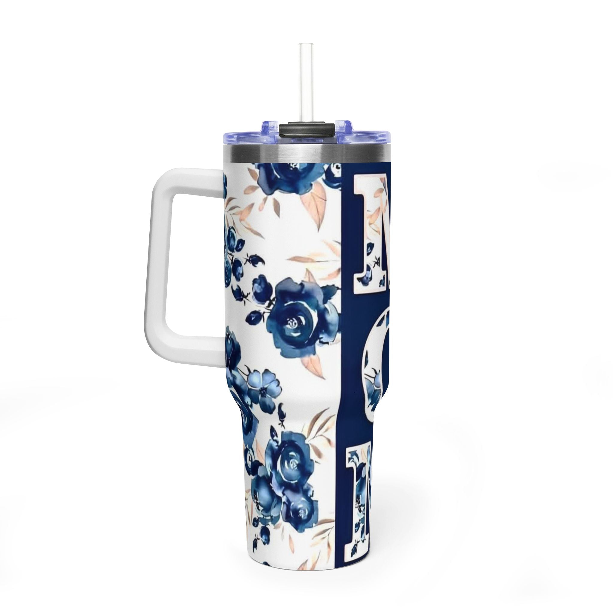 Mom Floral 40oz Vacuum Tumbler – Insulated Travel Mug for Mom, Blue Rose Mother's Day Gift