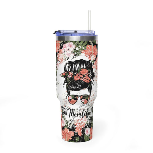 40oz Floral "Momlife" Vacuum Tumbler – Insulated Travel Mug with Straw