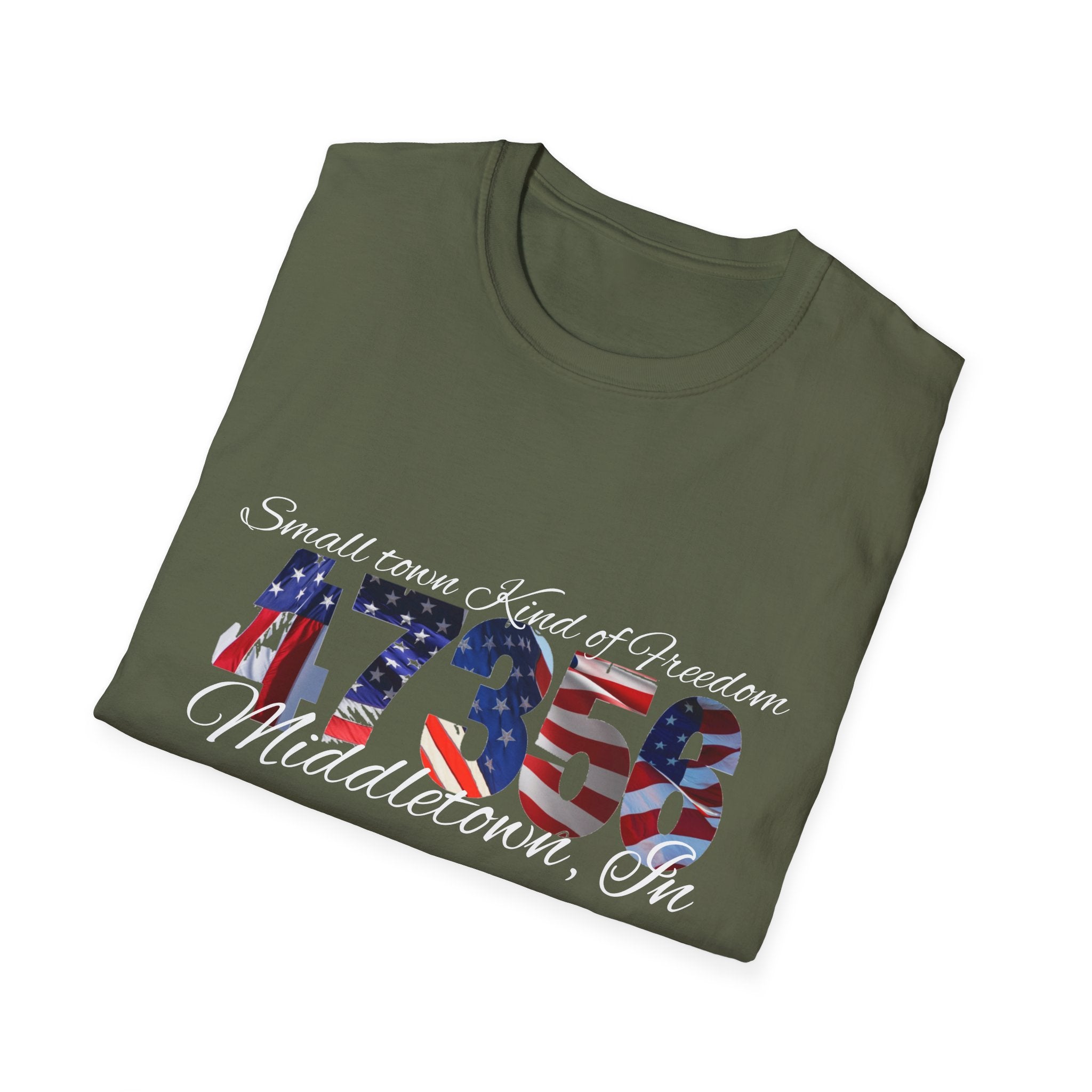 4th of July USA Flag T-Shirt — "Small town. Kind of freedom. Middletown, IN" Patriotic Tee