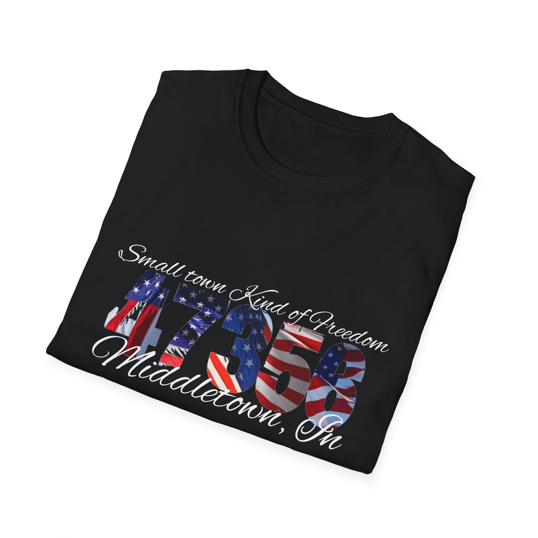 4th of July USA Flag T-Shirt — "Small town. Kind of freedom. Middletown, IN" Patriotic Tee