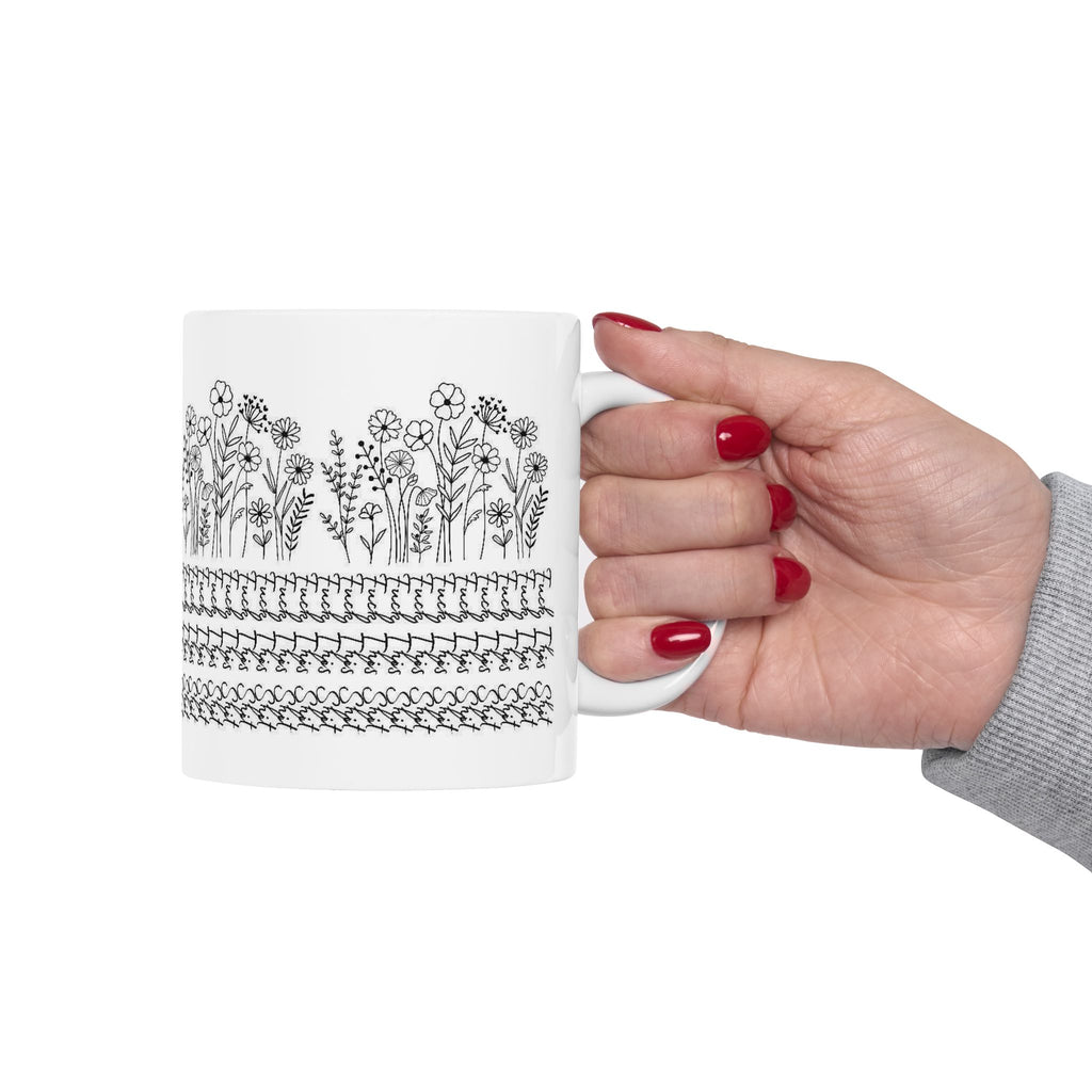 Floral Knit Pattern Ceramic Mug — Black Doodle Wildflower Design (11oz & 15oz)
