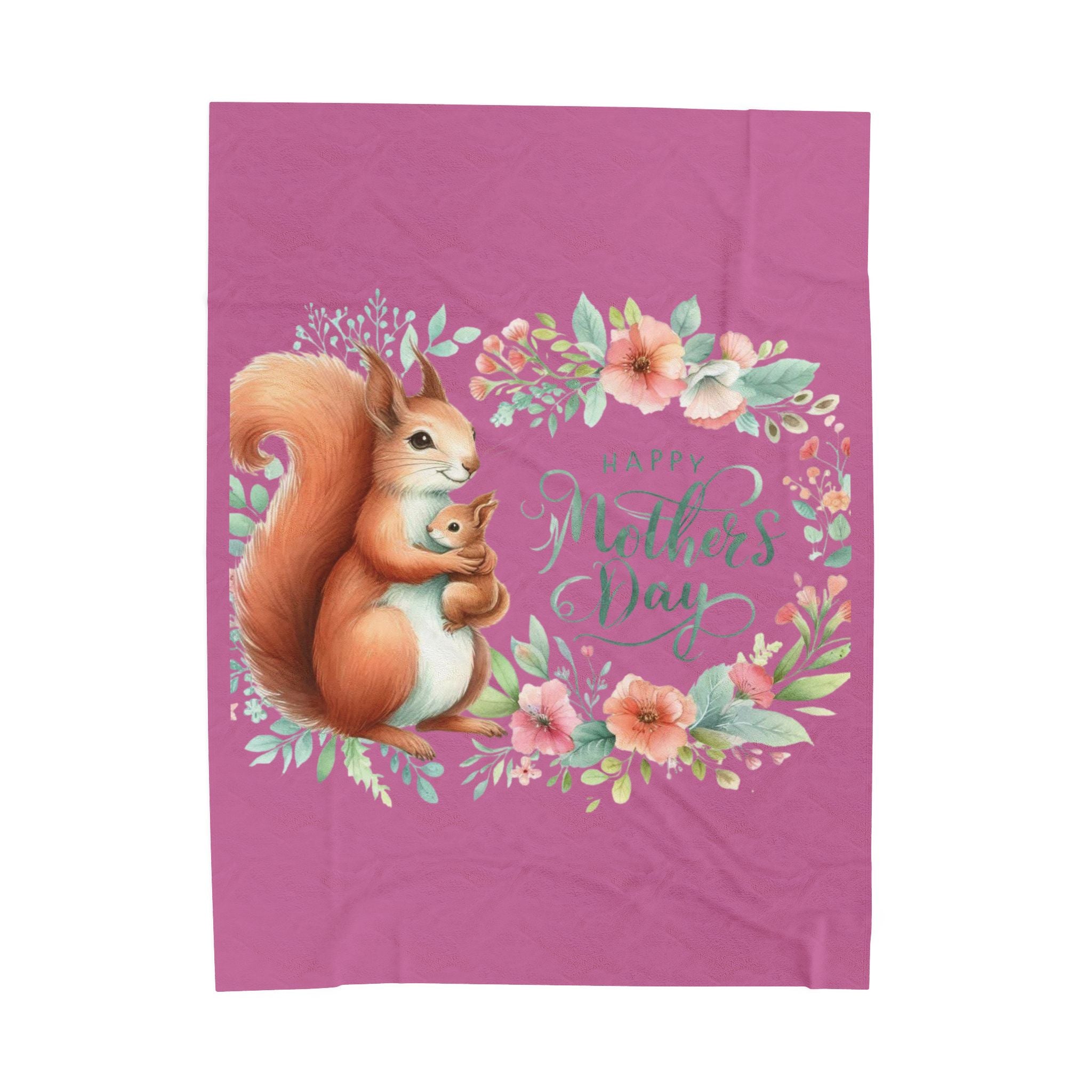 Mother's Day Squirrel Velveteen Plush Blanket – Floral Mom & Baby Design
