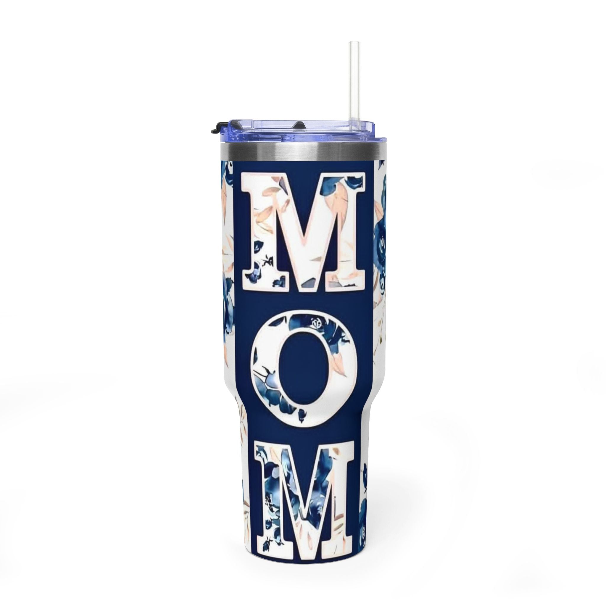 Mom Floral 40oz Vacuum Tumbler – Insulated Travel Mug for Mom, Blue Rose Mother's Day Gift