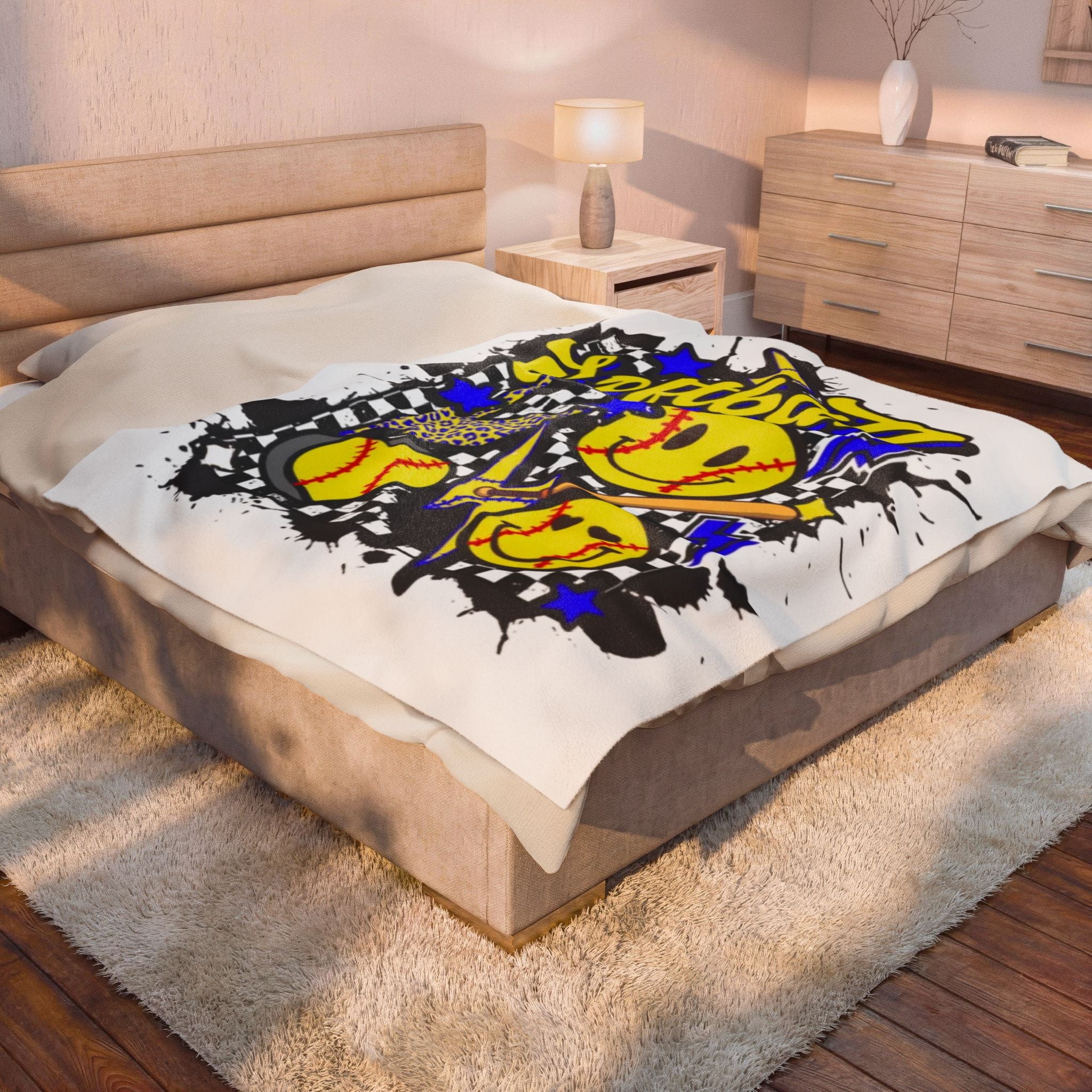 Softball Velveteen Plush Blanket – Smiley Ball Retro Graphic