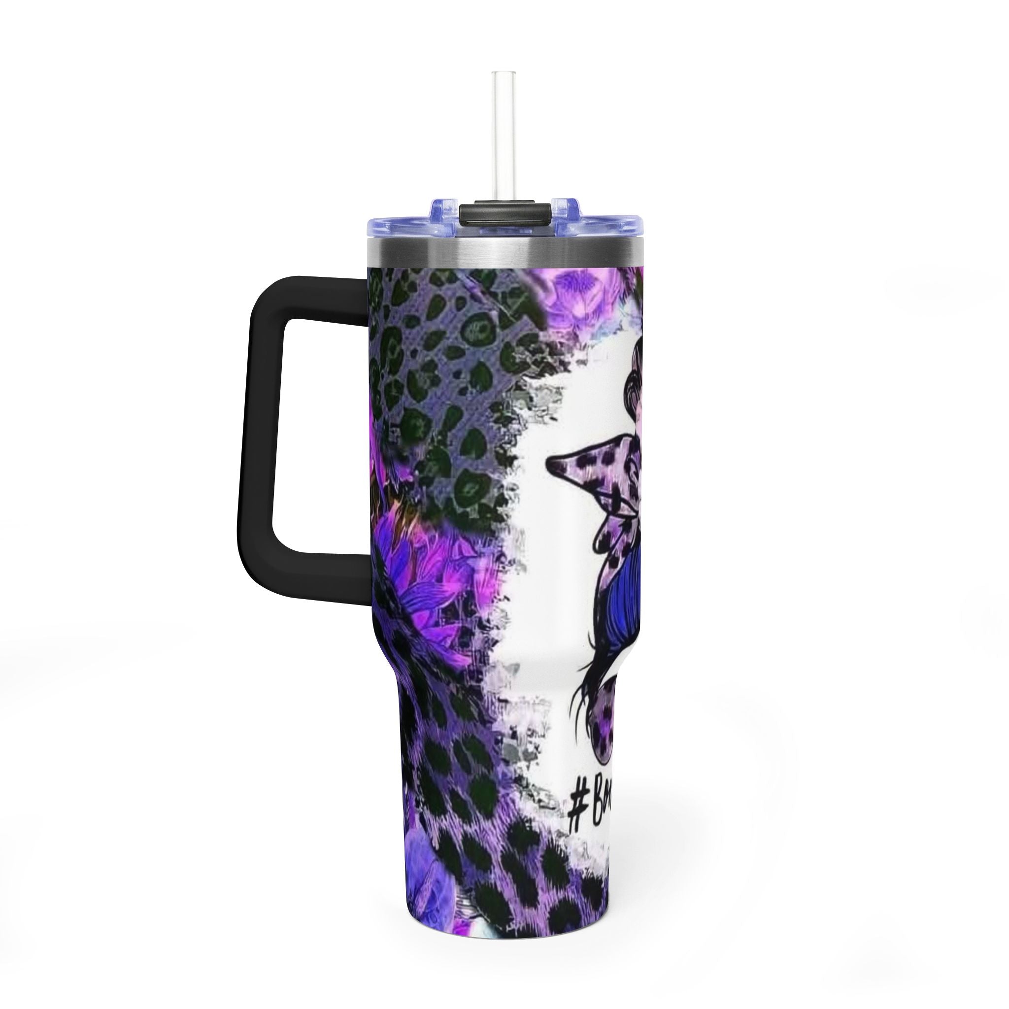 40oz Boss Mom Tumbler — Purple Leopard Floral Thermal Travel Mug