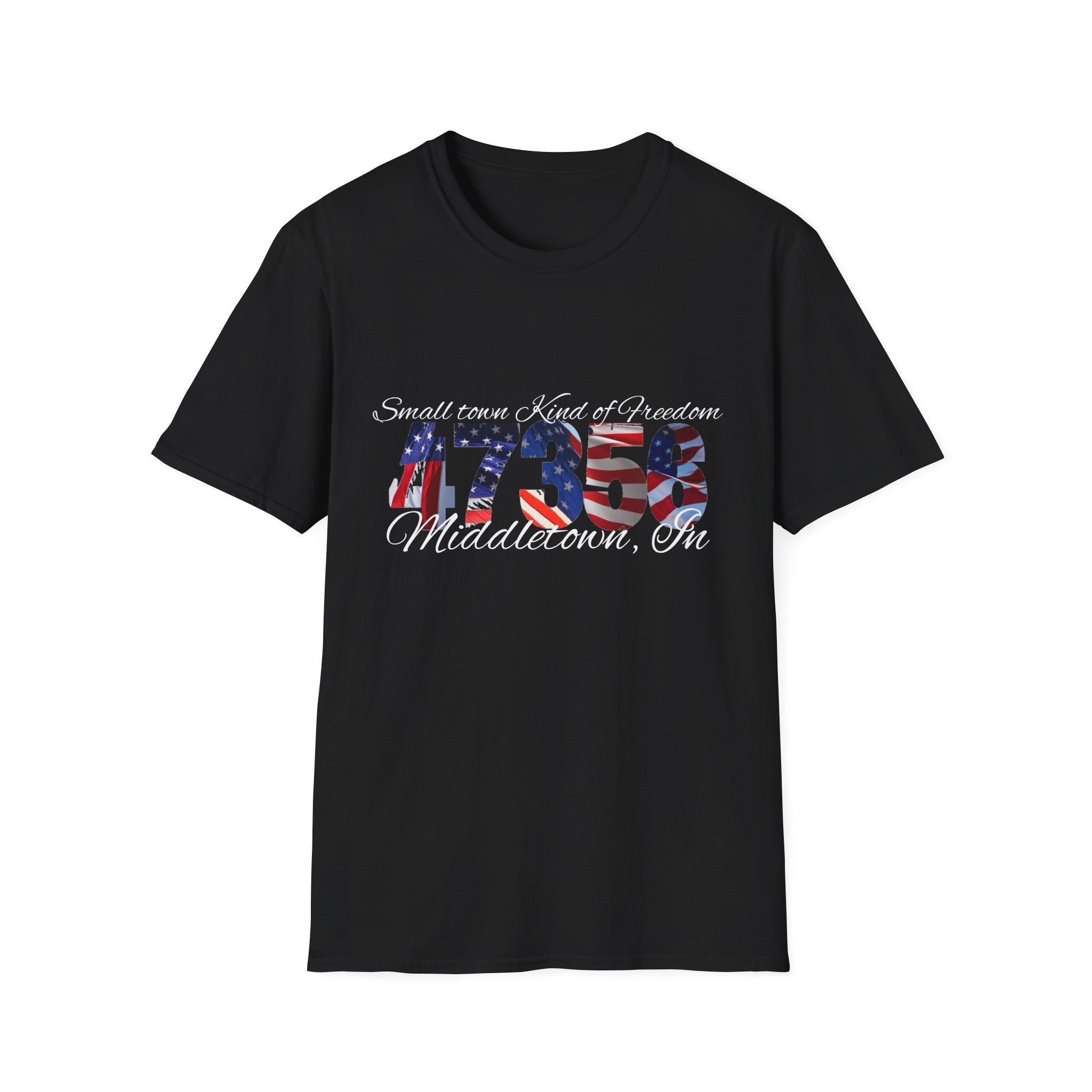 4th of July USA Flag T-Shirt — "Small town. Kind of freedom. Middletown, IN" Patriotic Tee