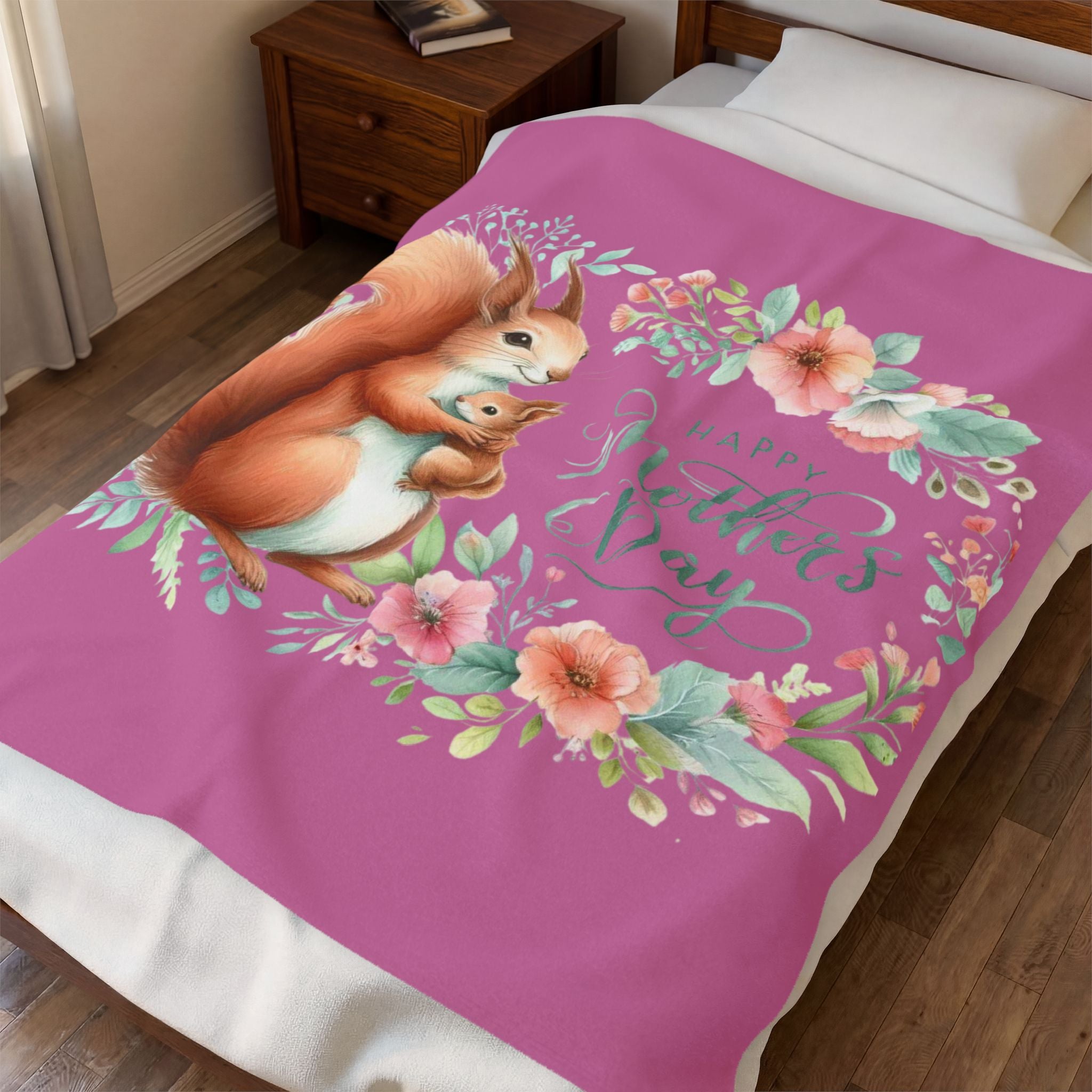 Mother's Day Squirrel Velveteen Plush Blanket – Floral Mom & Baby Design