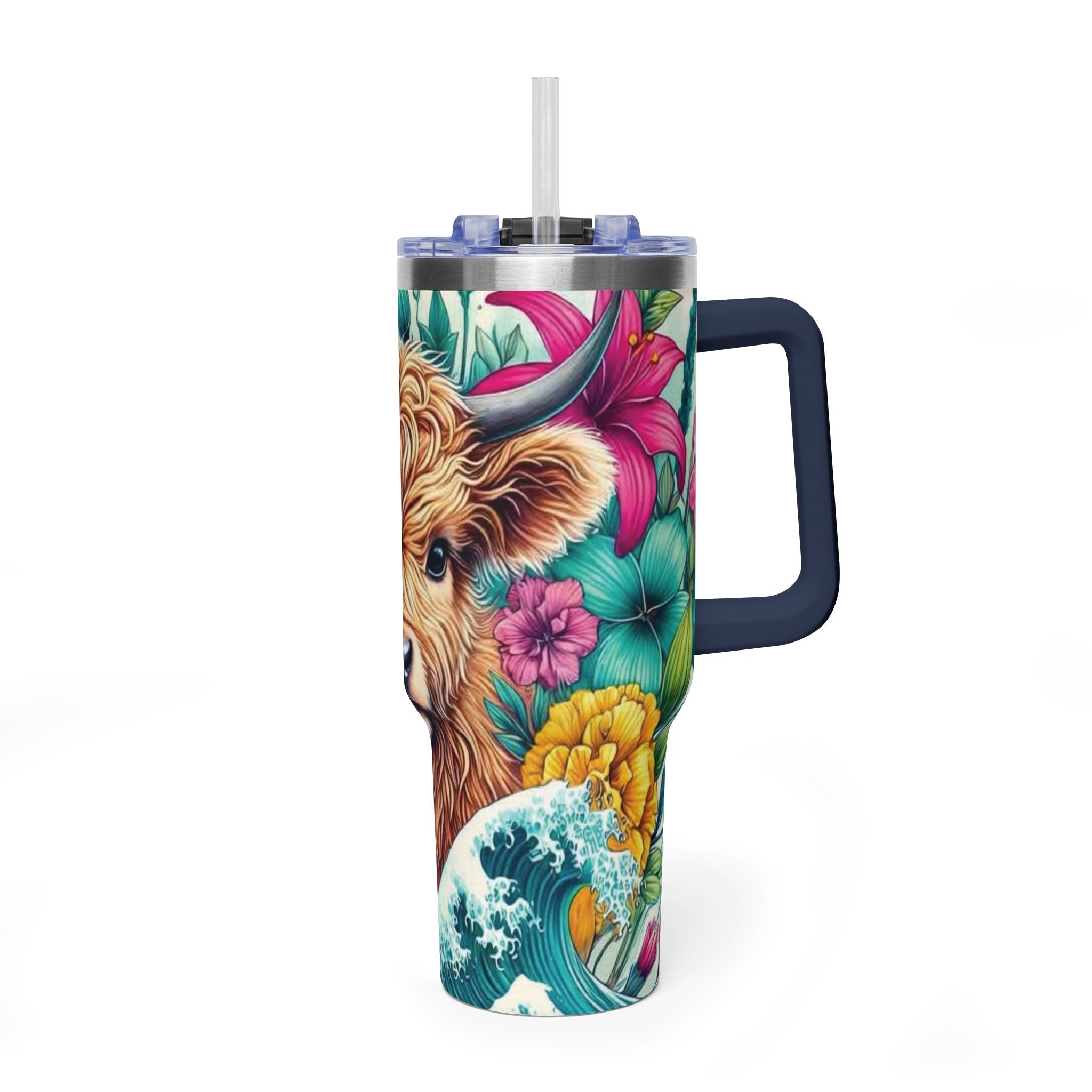 40oz Thermal Tumbler – Floral Highland Cow Insulated Travel Mug