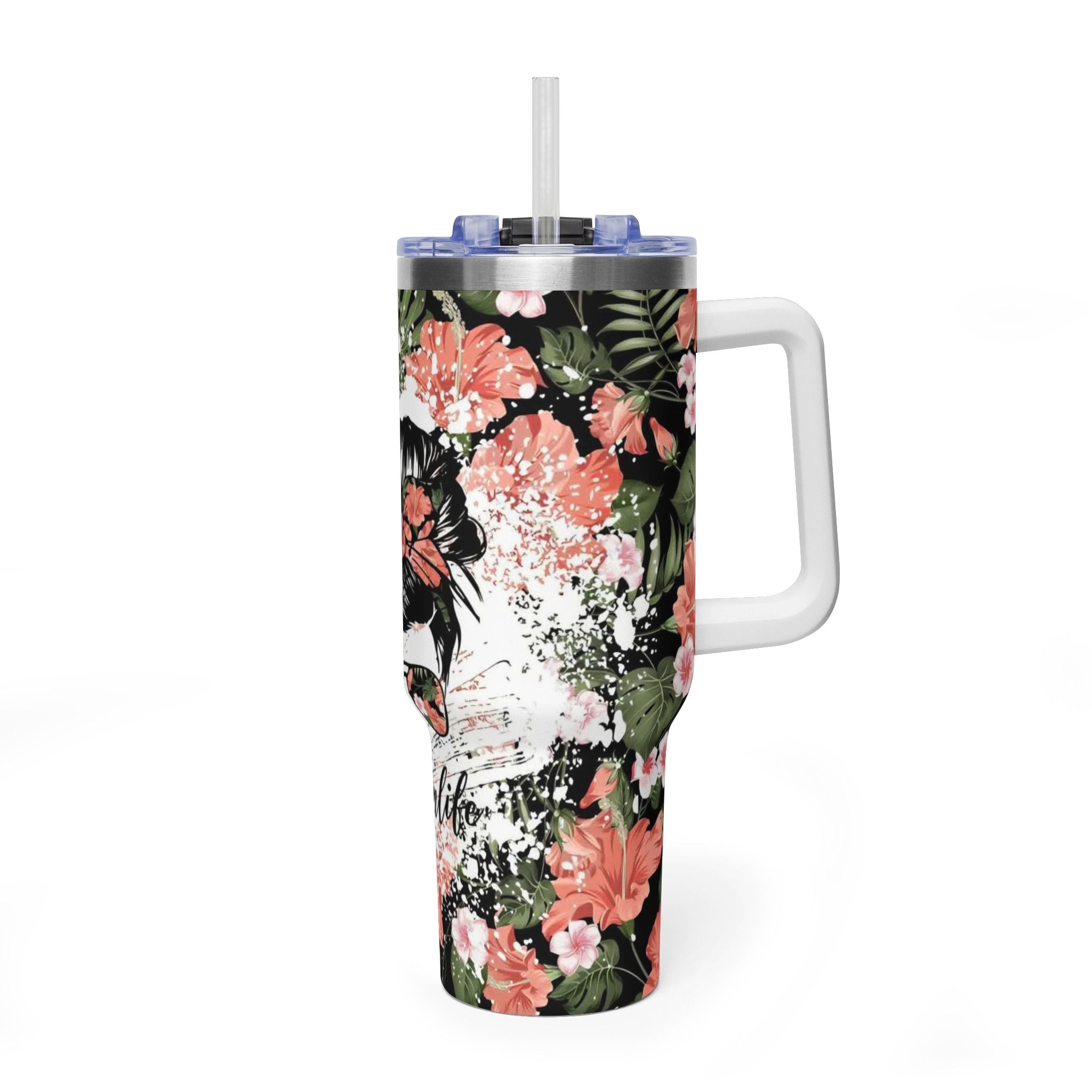 40oz Floral "Momlife" Vacuum Tumbler – Insulated Travel Mug with Straw