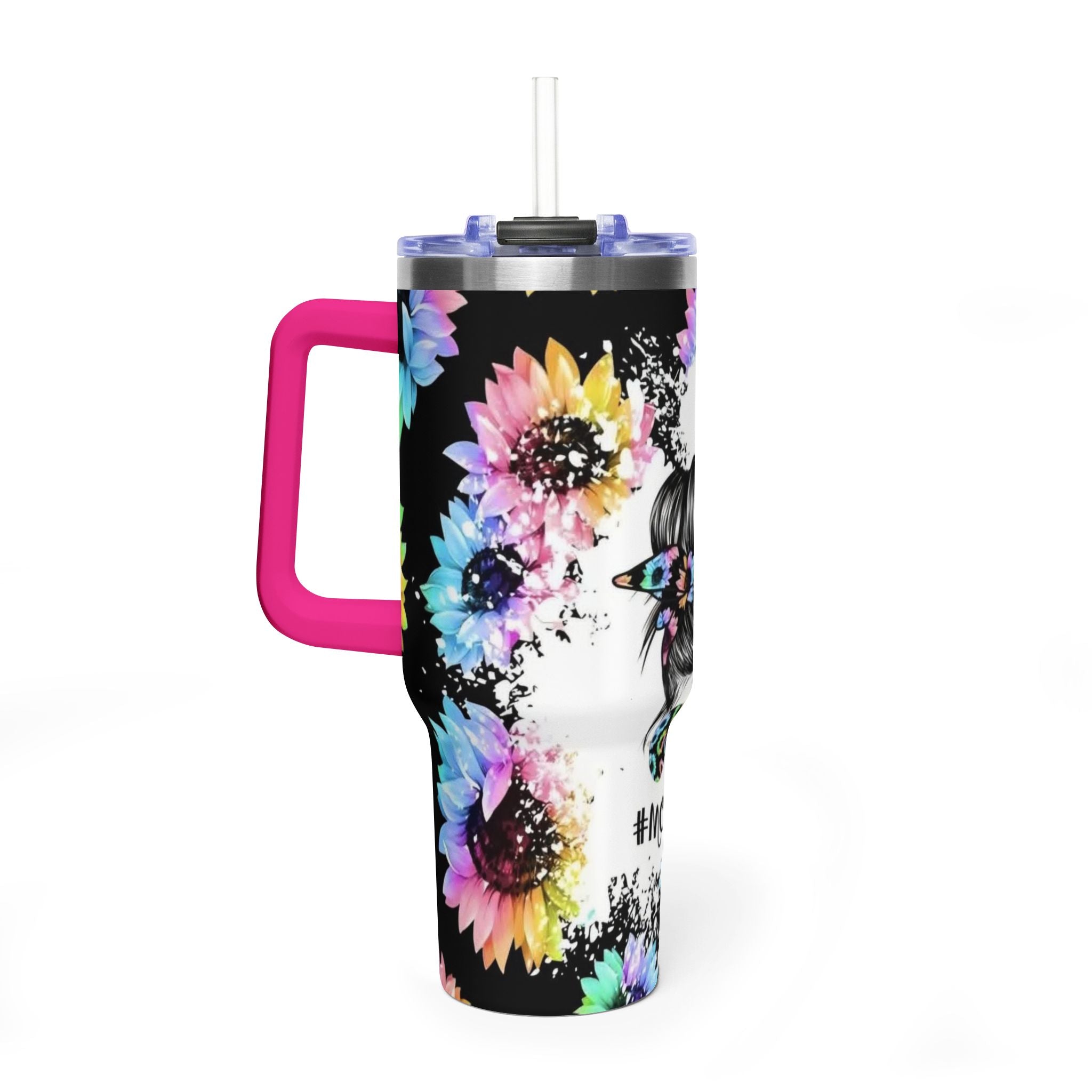 40oz Mom Life Tumbler - Floral Skull Messy Bun Vacuum Insulated Travel Mug