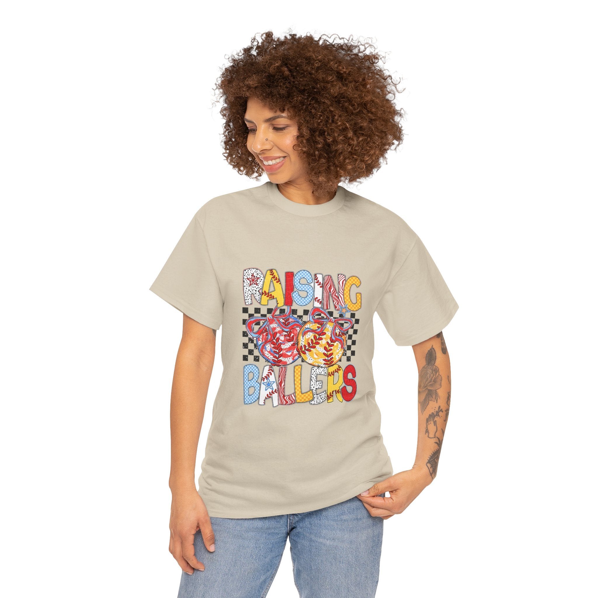 T-Shirt — "Raising Ballers" Kids Sports Tee with Retro Checkered Basketball Design
