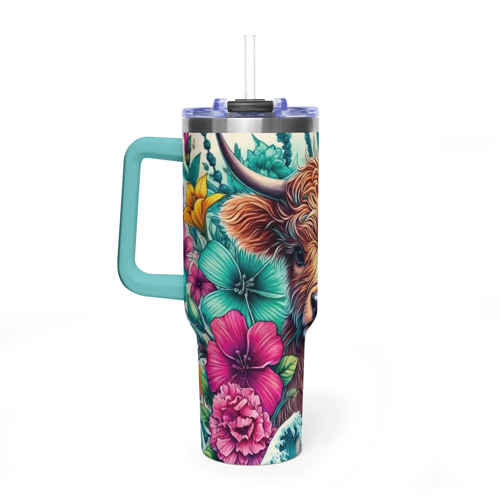 40oz Thermal Tumbler – Floral Highland Cow Insulated Travel Mug
