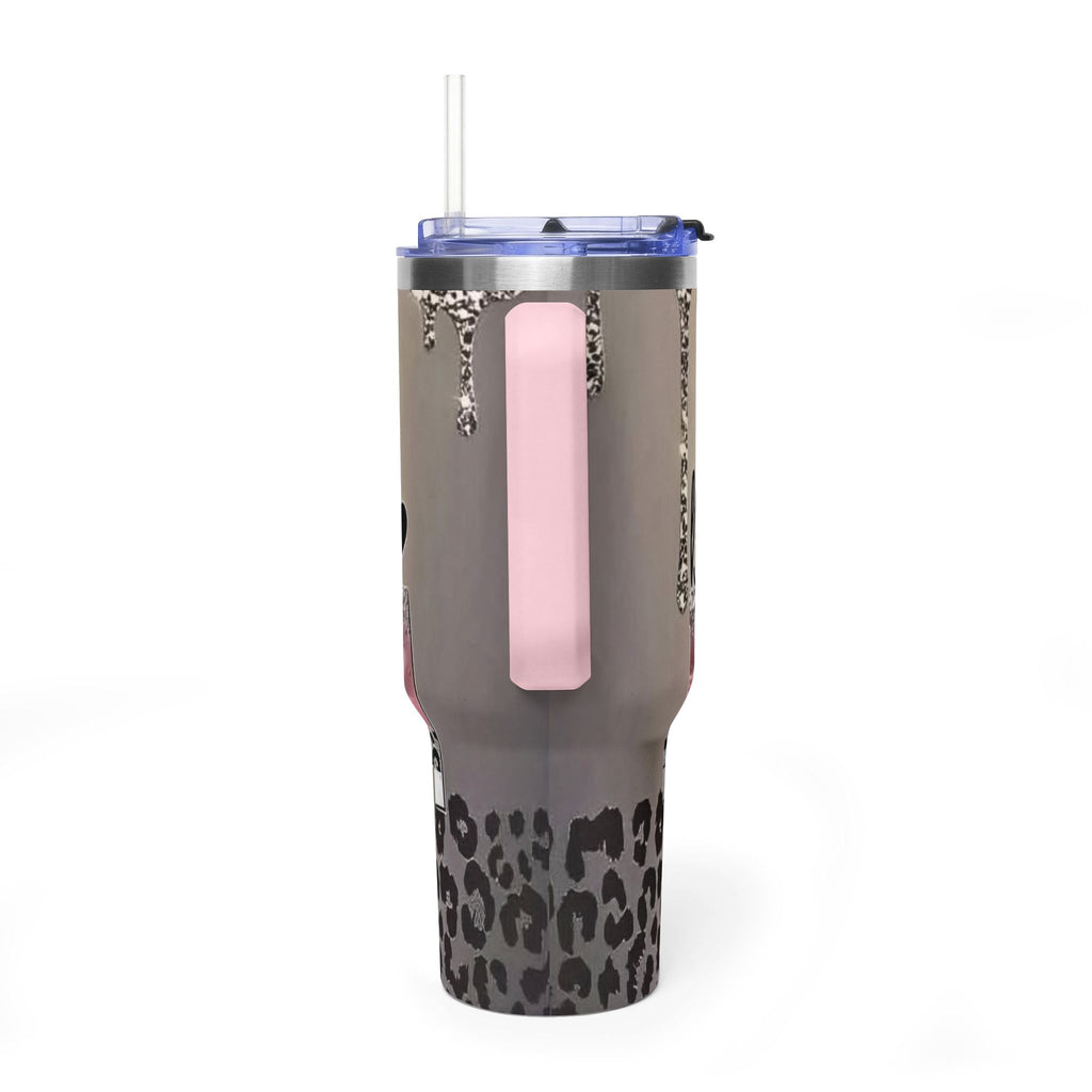Blessed Leopard 40oz Vacuum Tumbler — Insulated Travel Cup with Glitter Drip Design