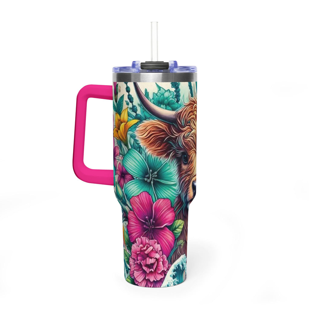 40oz Thermal Tumbler – Floral Highland Cow Insulated Travel Mug