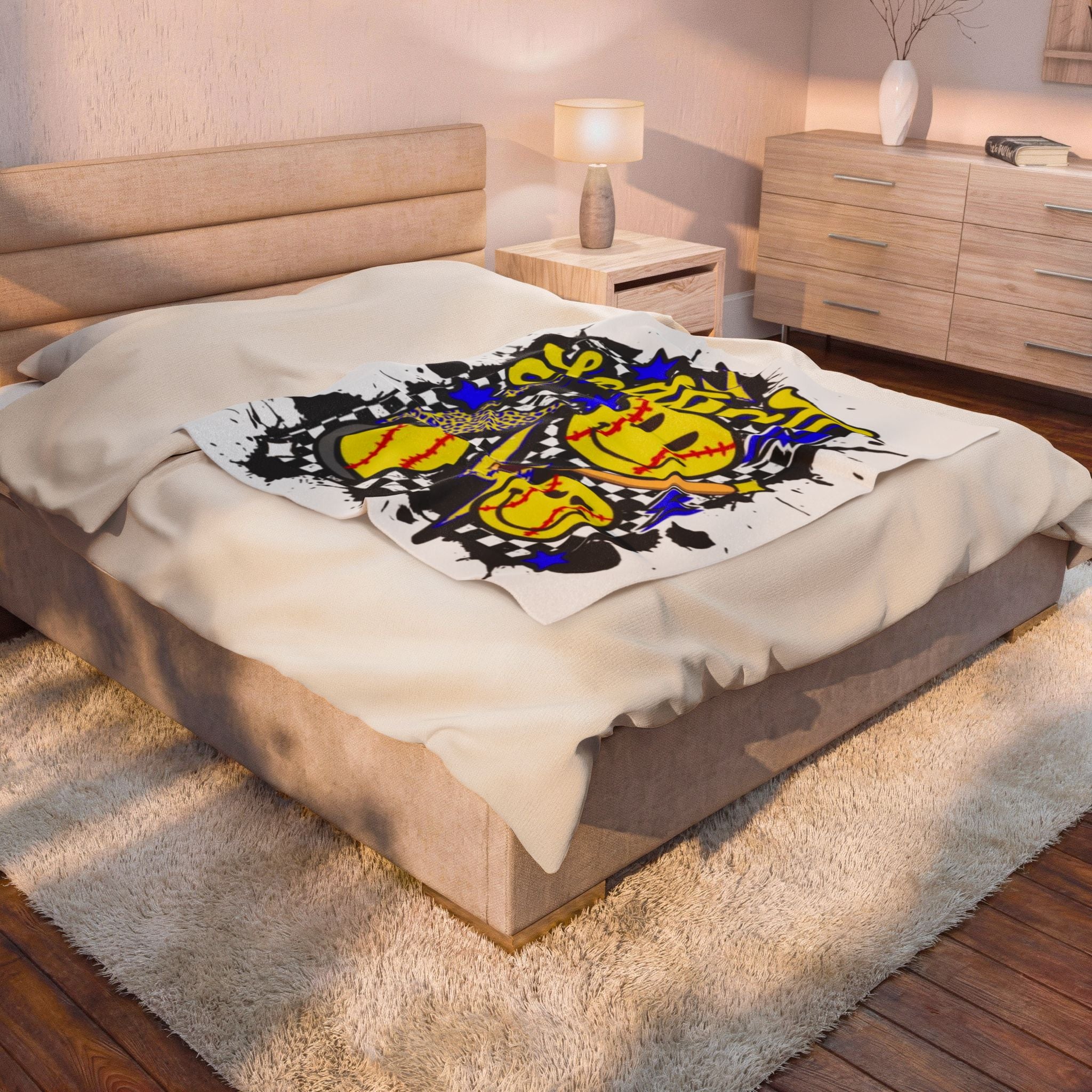 Softball Velveteen Plush Blanket – Smiley Ball Retro Graphic