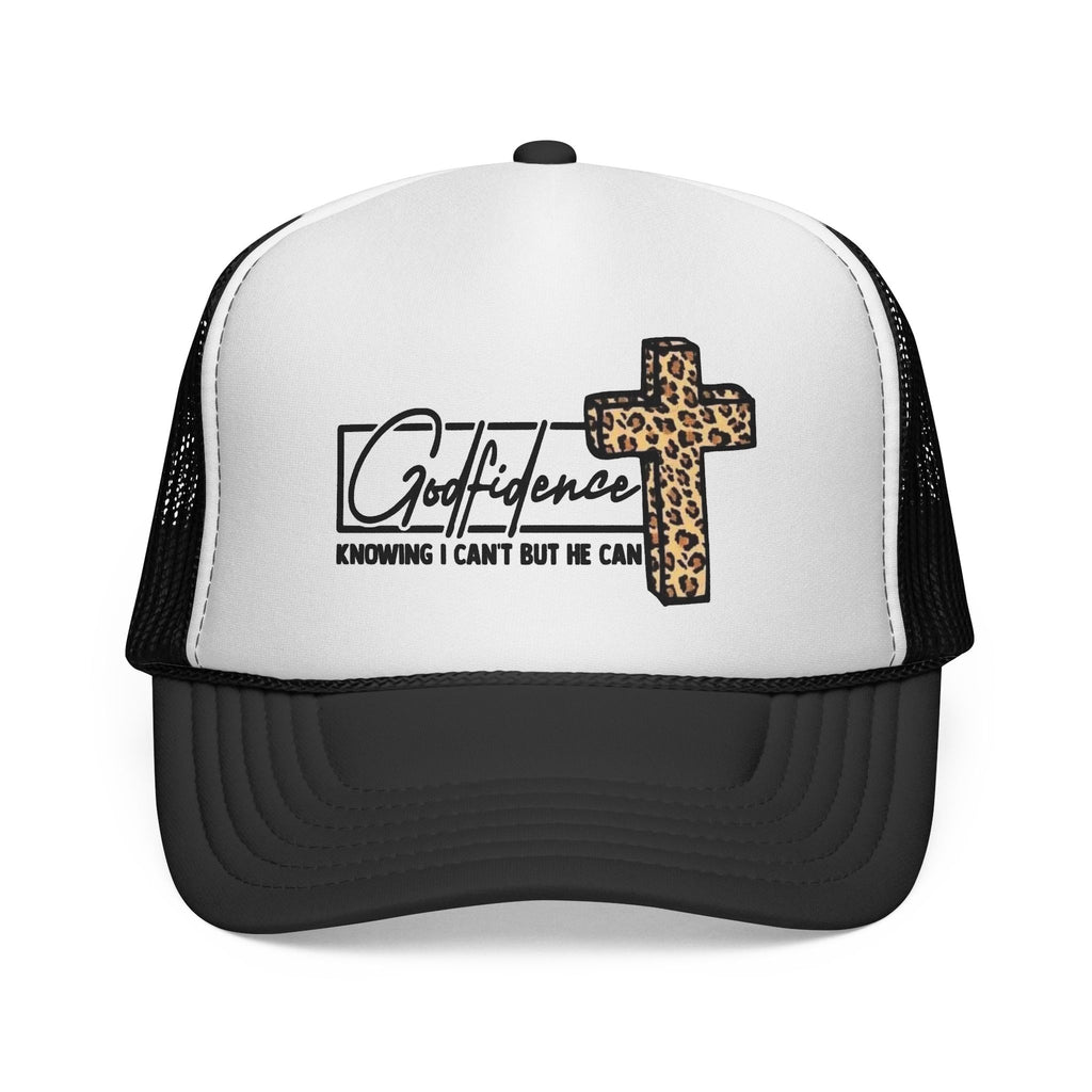 Godfidence Leopard Cross Trucker | Christian Faith Hat, "Knowing I Can't But He Can"