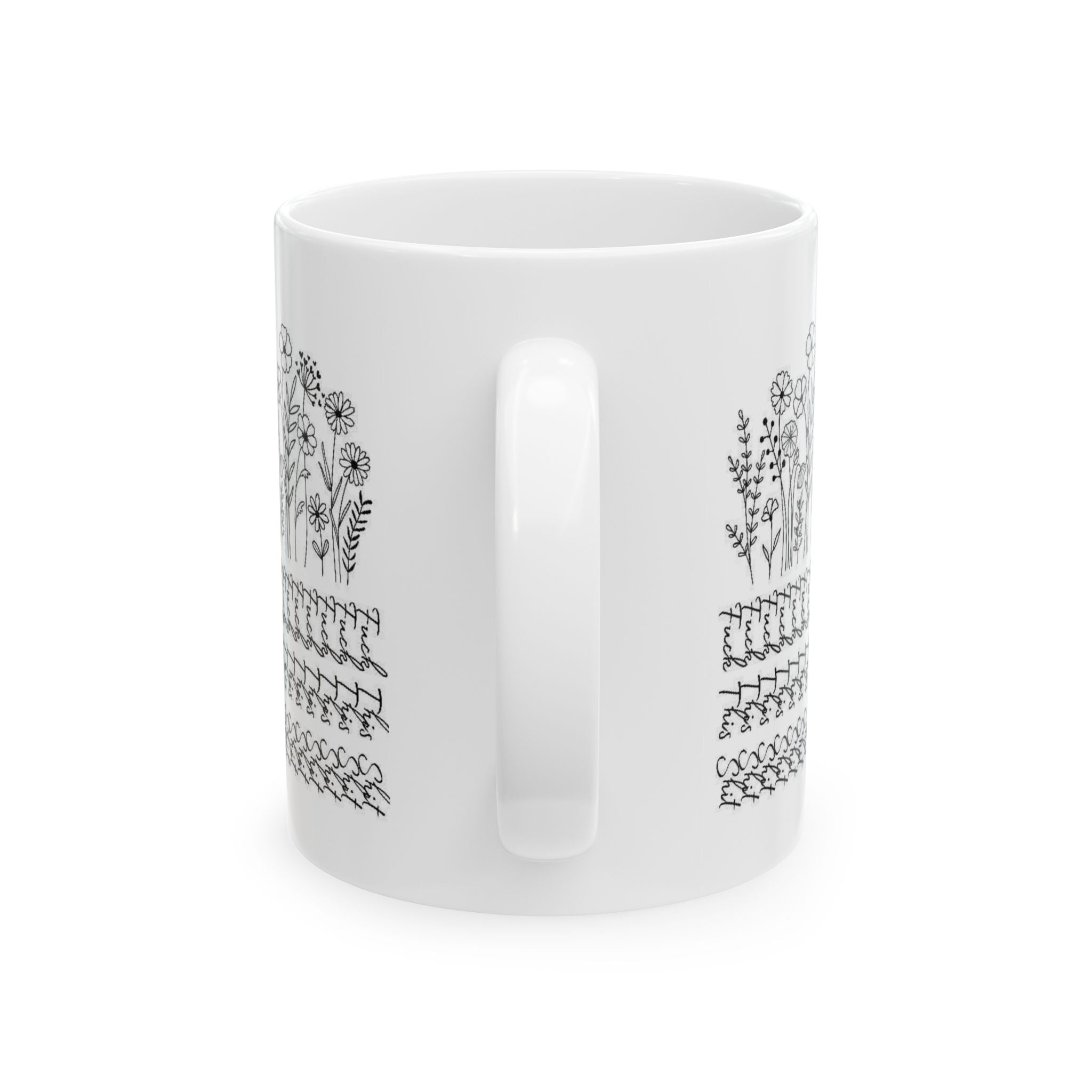 Floral Knit Pattern Ceramic Mug — Black Doodle Wildflower Design (11oz & 15oz)