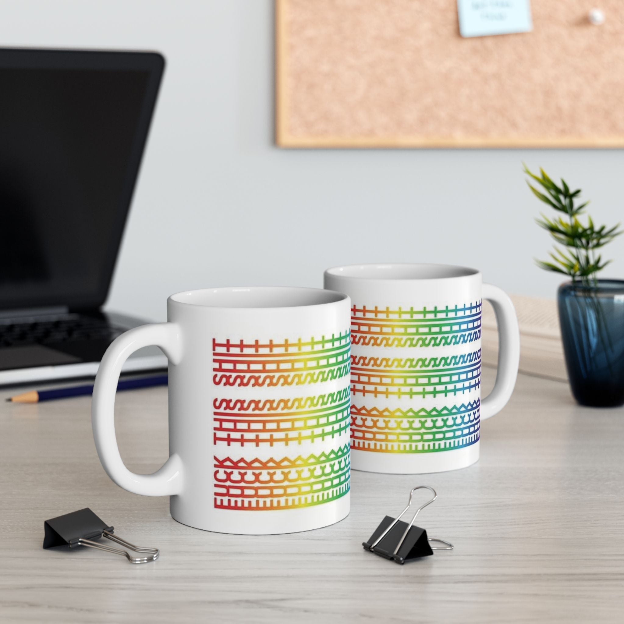 Rainbow Knit Pattern Mug — 'Fuck This Shit' Bold Slogan Ceramic Coffee Cup (11oz/15oz)