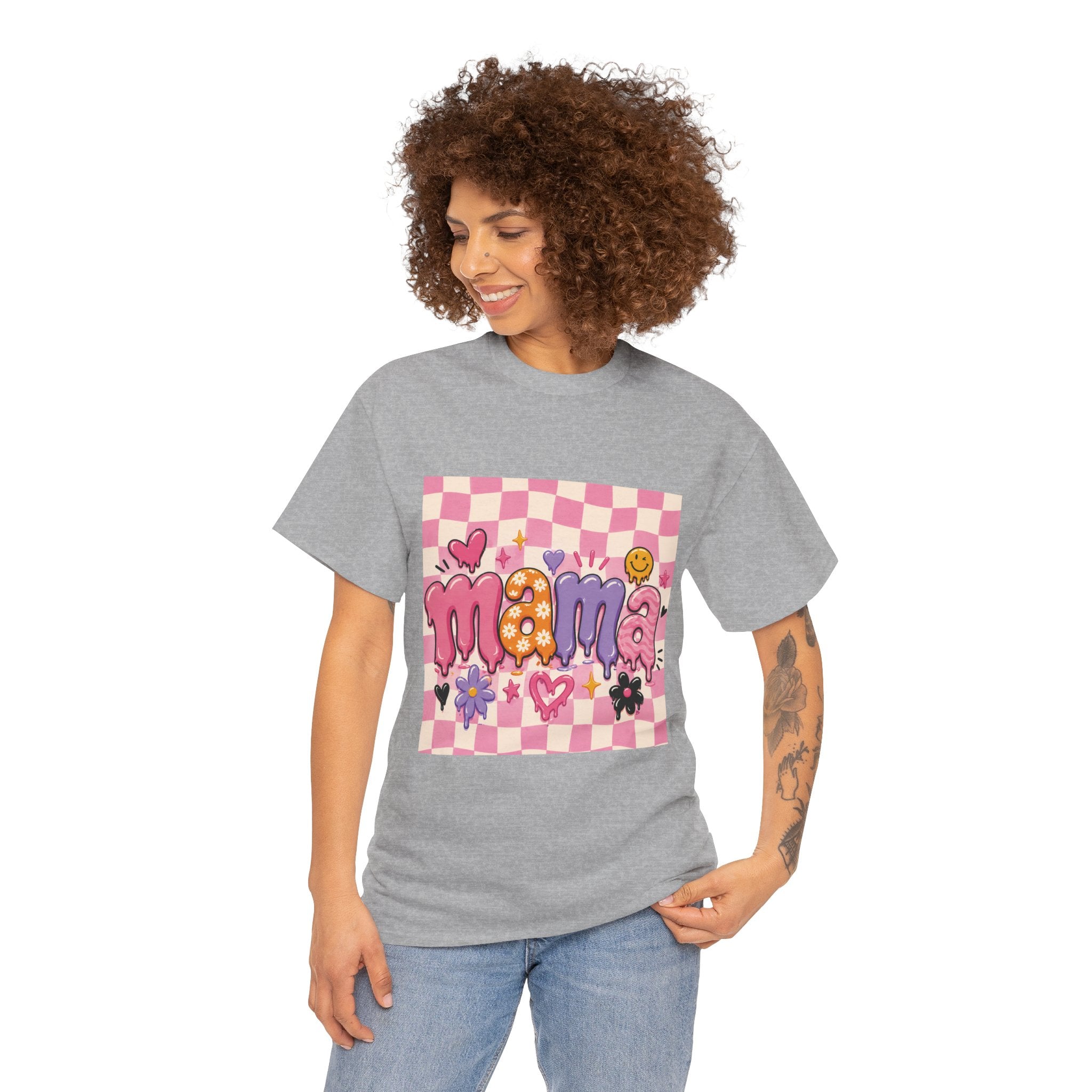 Mama Checkerboard Graphic Tee — Cute Pink Heart & Flower Mother's Day Shirt