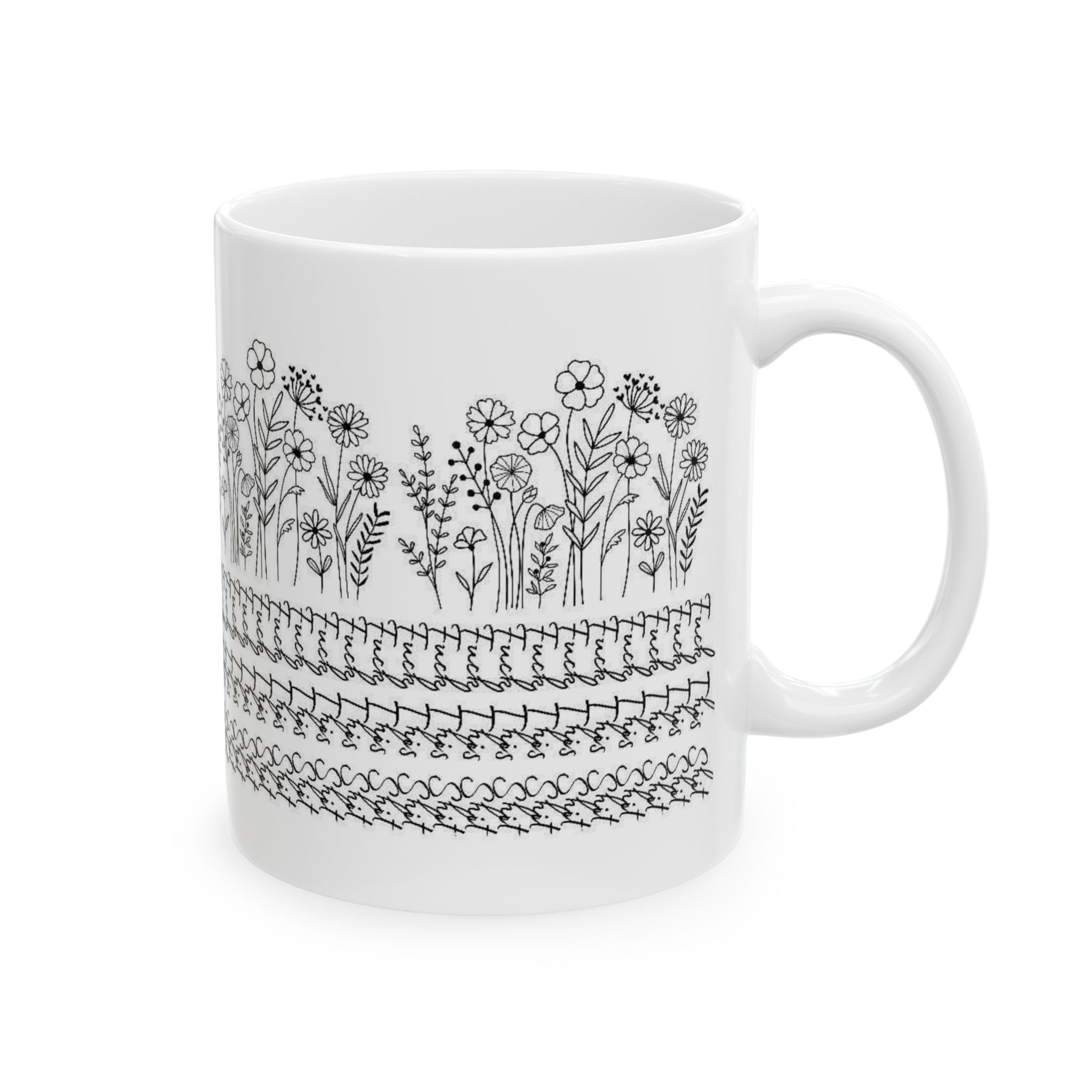 Floral Knit Pattern Ceramic Mug — Black Doodle Wildflower Design (11oz & 15oz)
