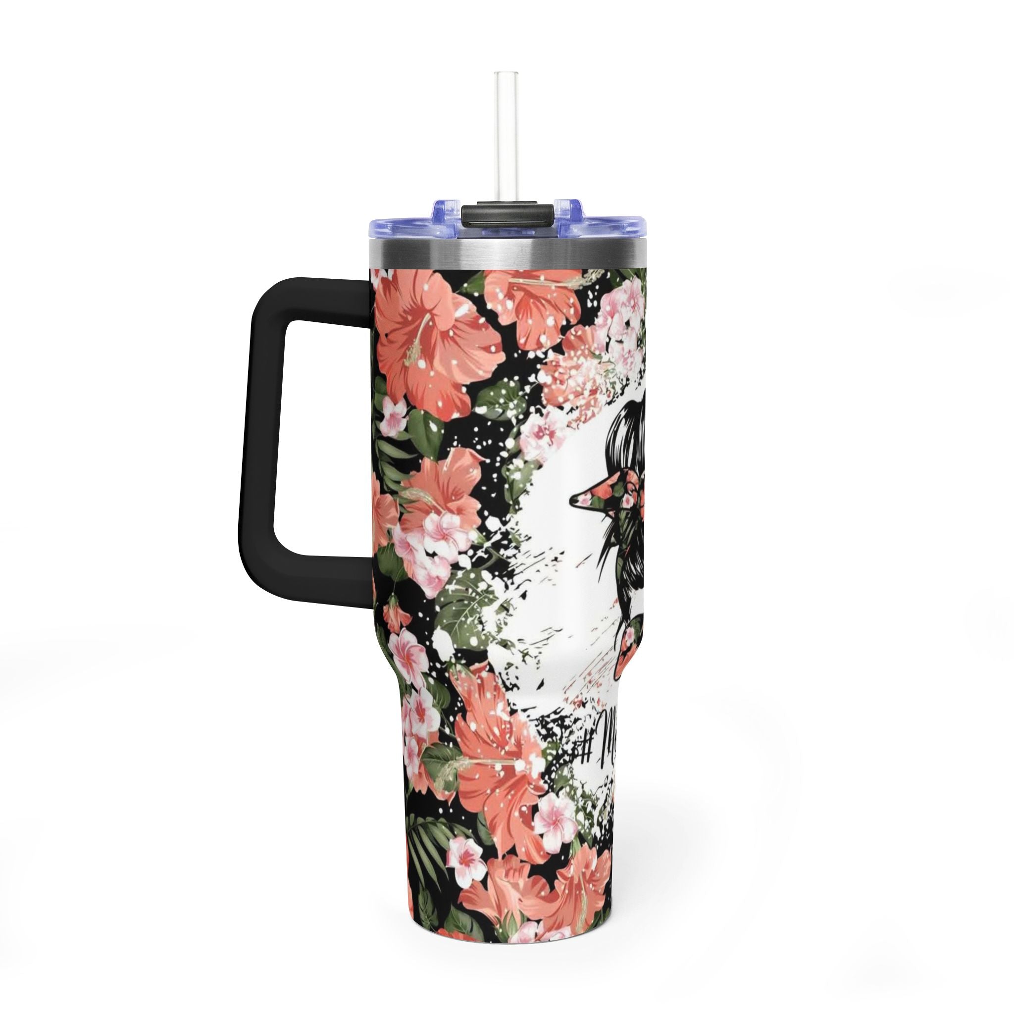 40oz Floral "Momlife" Vacuum Tumbler – Insulated Travel Mug with Straw