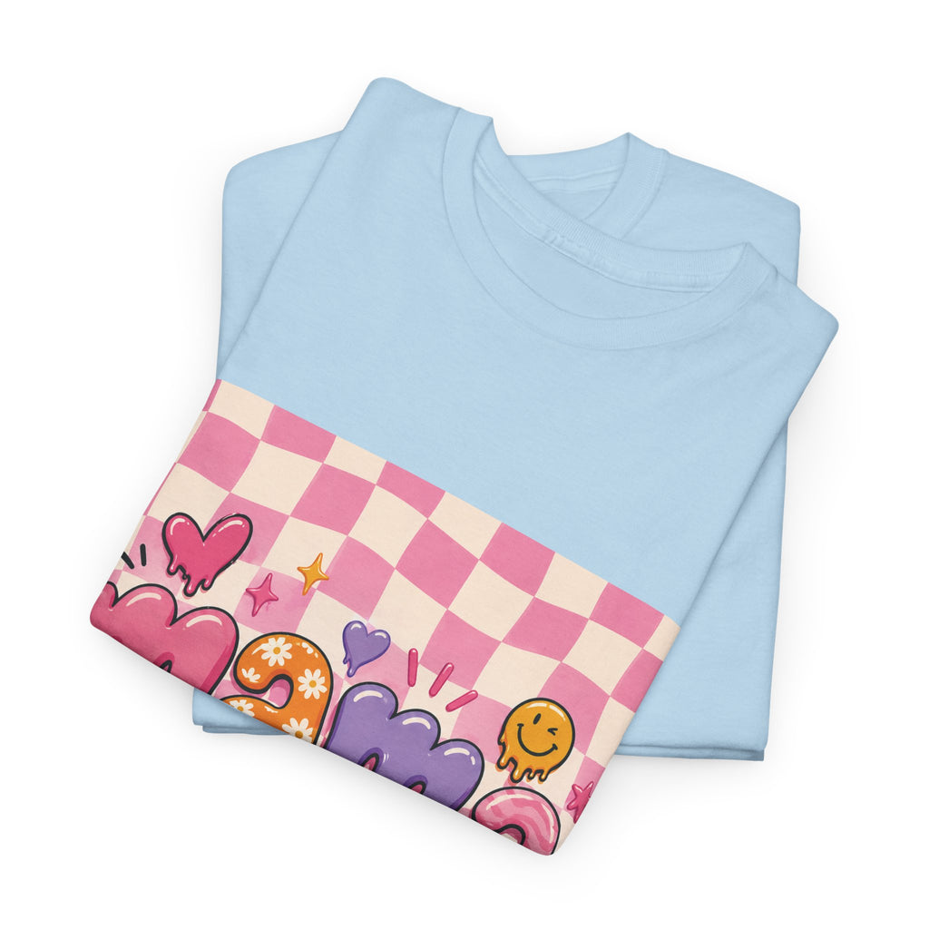 Mama Checkerboard Graphic Tee — Cute Pink Heart & Flower Mother's Day Shirt
