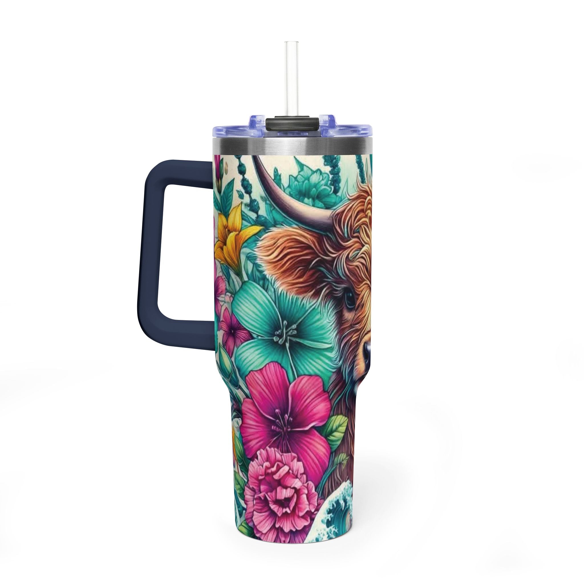 40oz Thermal Tumbler – Floral Highland Cow Insulated Travel Mug