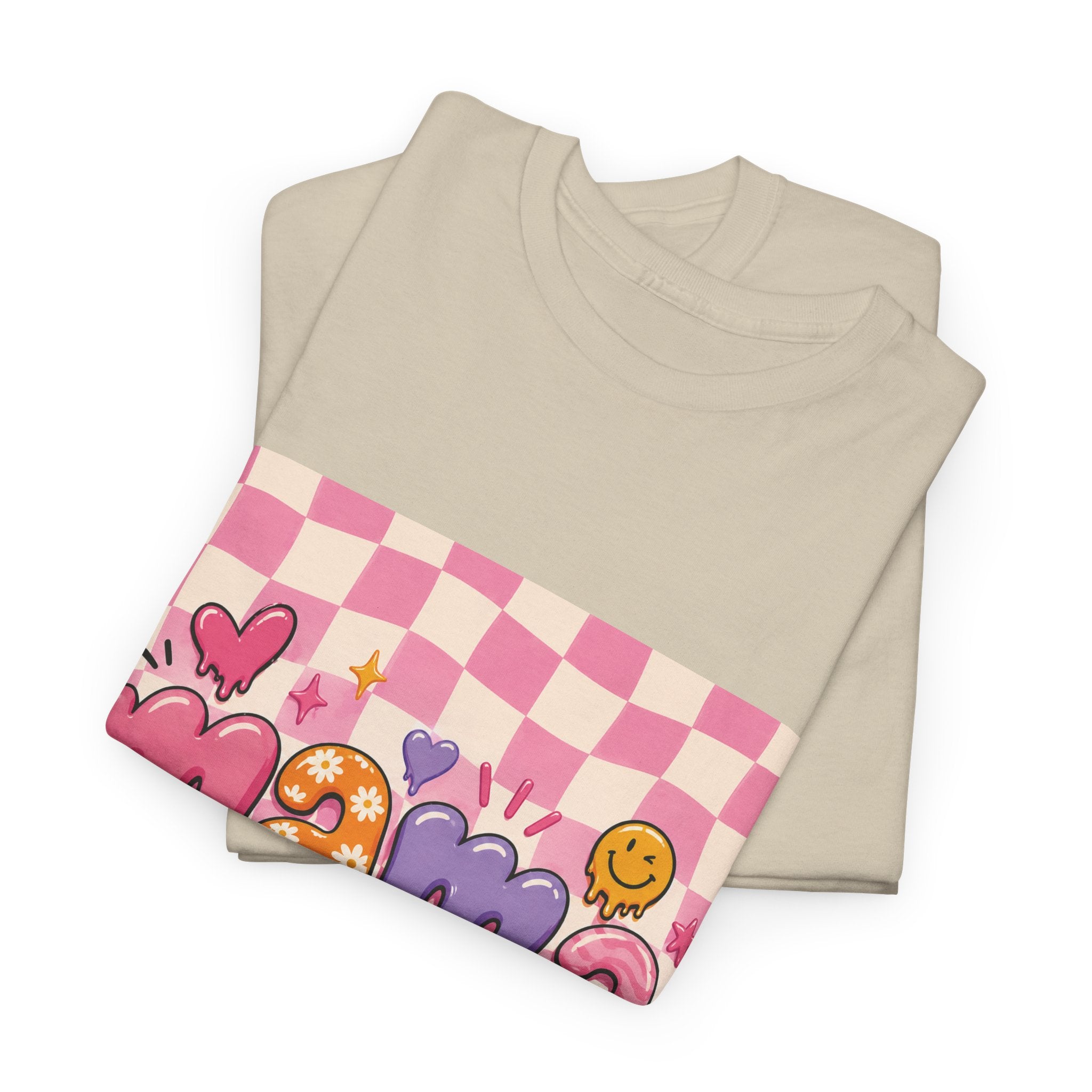 Mama Checkerboard Graphic Tee — Cute Pink Heart & Flower Mother's Day Shirt