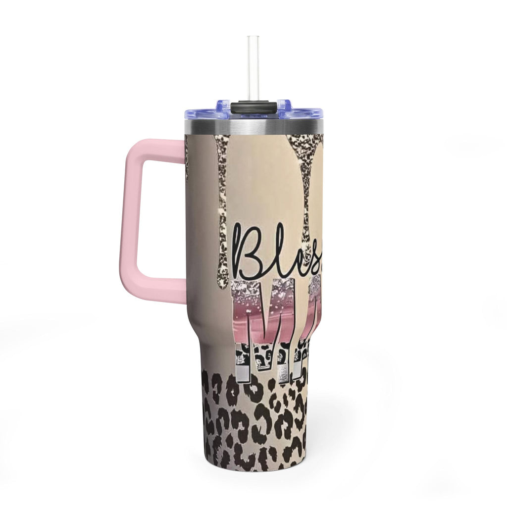 Blessed Leopard 40oz Vacuum Tumbler — Insulated Travel Cup with Glitter Drip Design