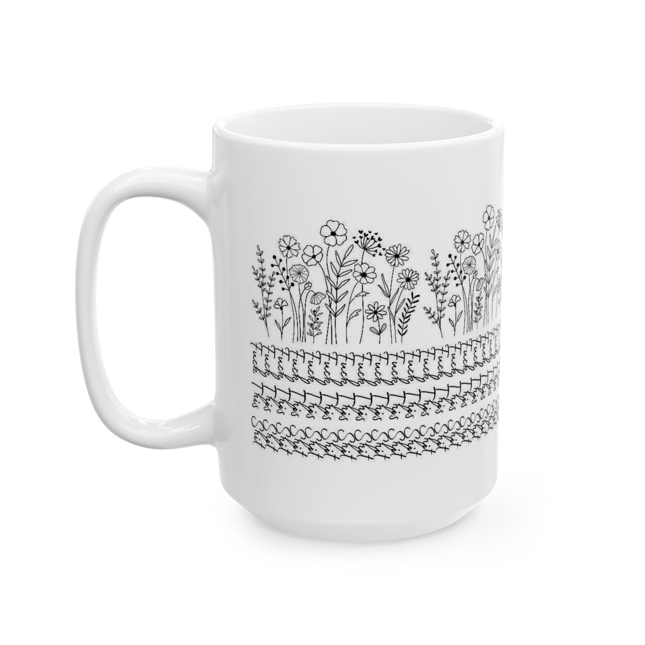 Floral Knit Pattern Ceramic Mug — Black Doodle Wildflower Design (11oz & 15oz)