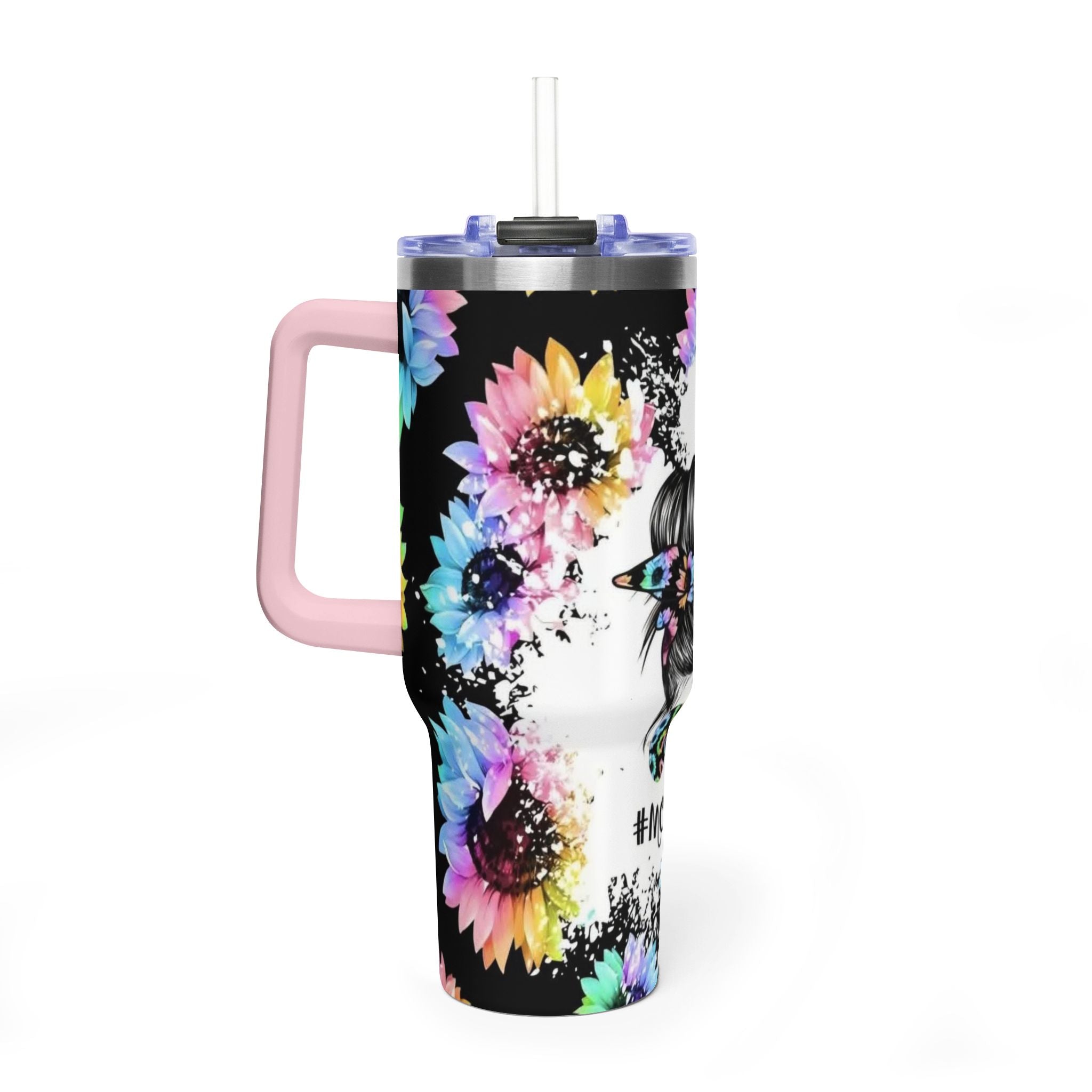 40oz Mom Life Tumbler - Floral Skull Messy Bun Vacuum Insulated Travel Mug