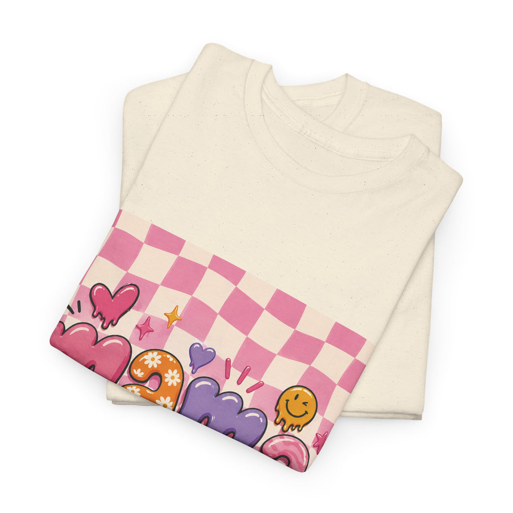 Mama Checkerboard Graphic Tee — Cute Pink Heart & Flower Mother's Day Shirt