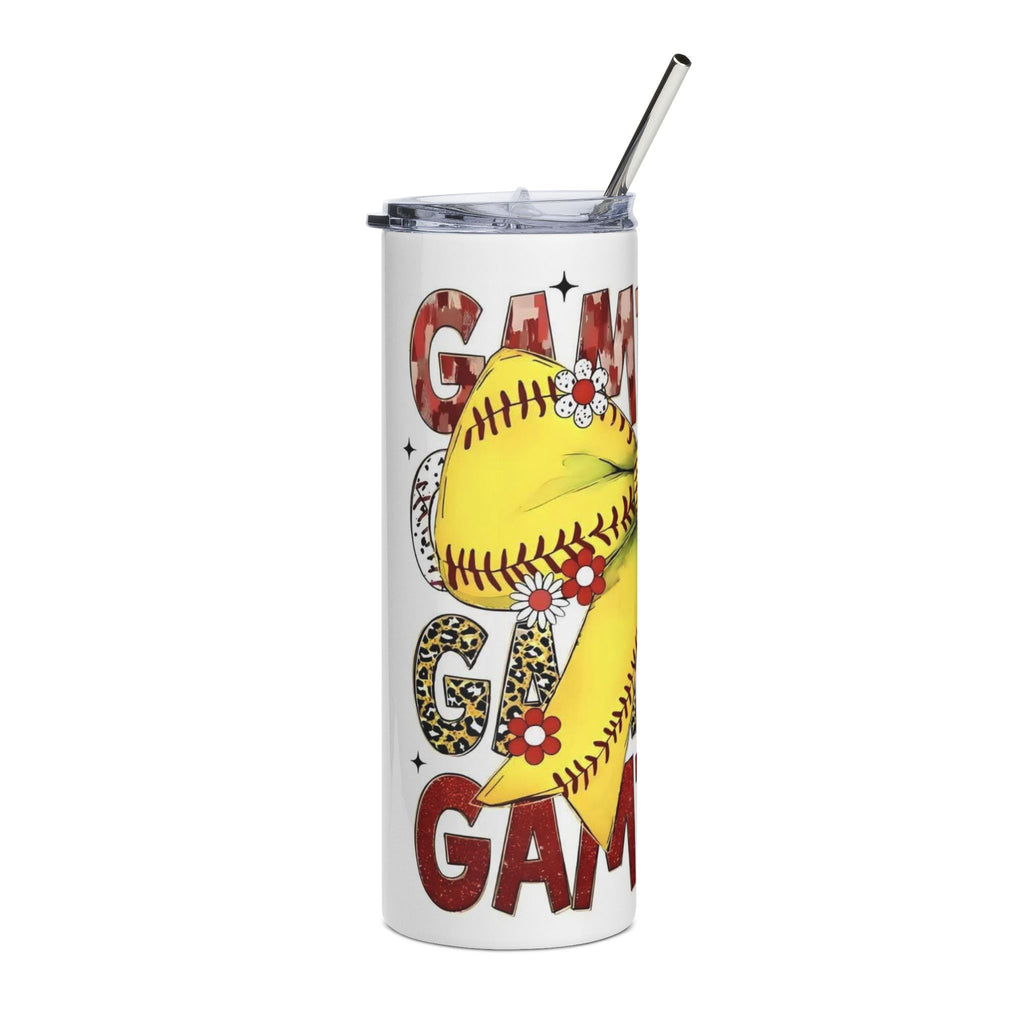 Softball Mama 20oz Stainless Steel Tumbler — Yellow Softball Bow Design