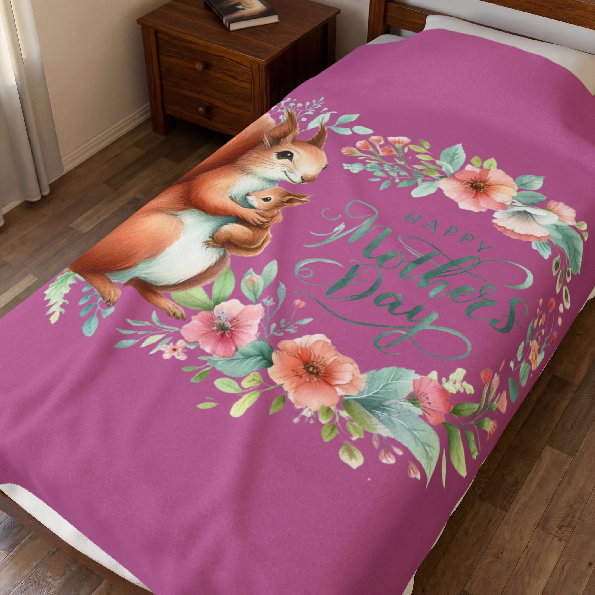 Mother's Day Squirrel Velveteen Plush Blanket – Floral Mom & Baby Design