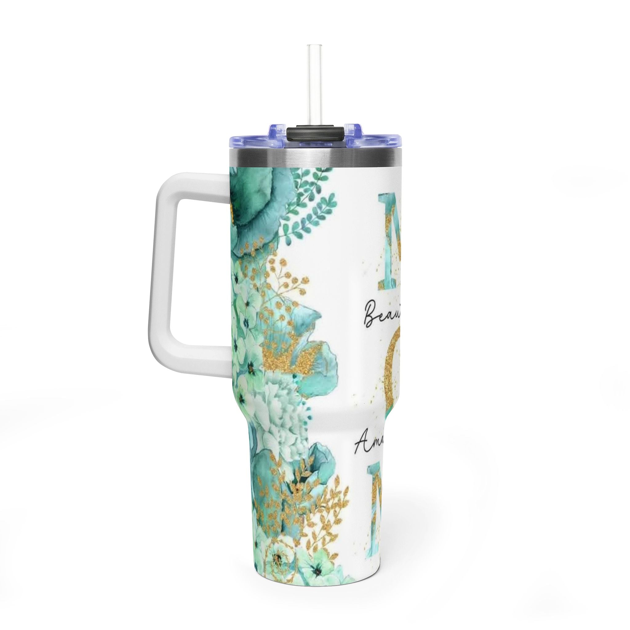 Mom Floral 40oz Vacuum Tumbler – Insulated Travel Mug with 'Mom Beautiful Amazing' Design