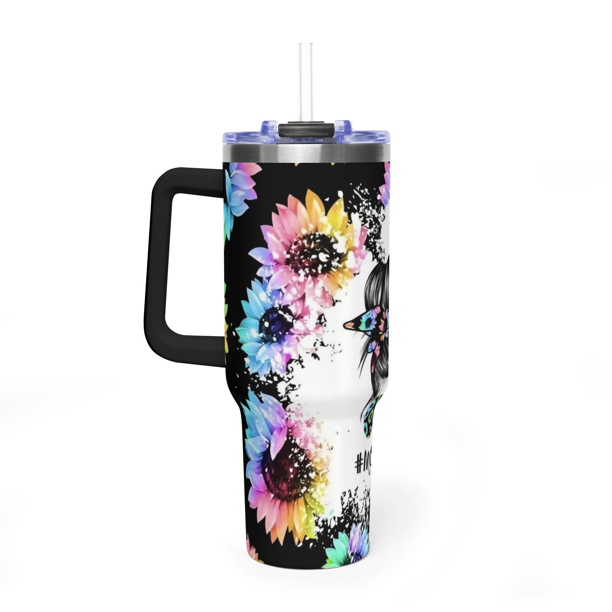 40oz Mom Life Tumbler - Floral Skull Messy Bun Vacuum Insulated Travel Mug