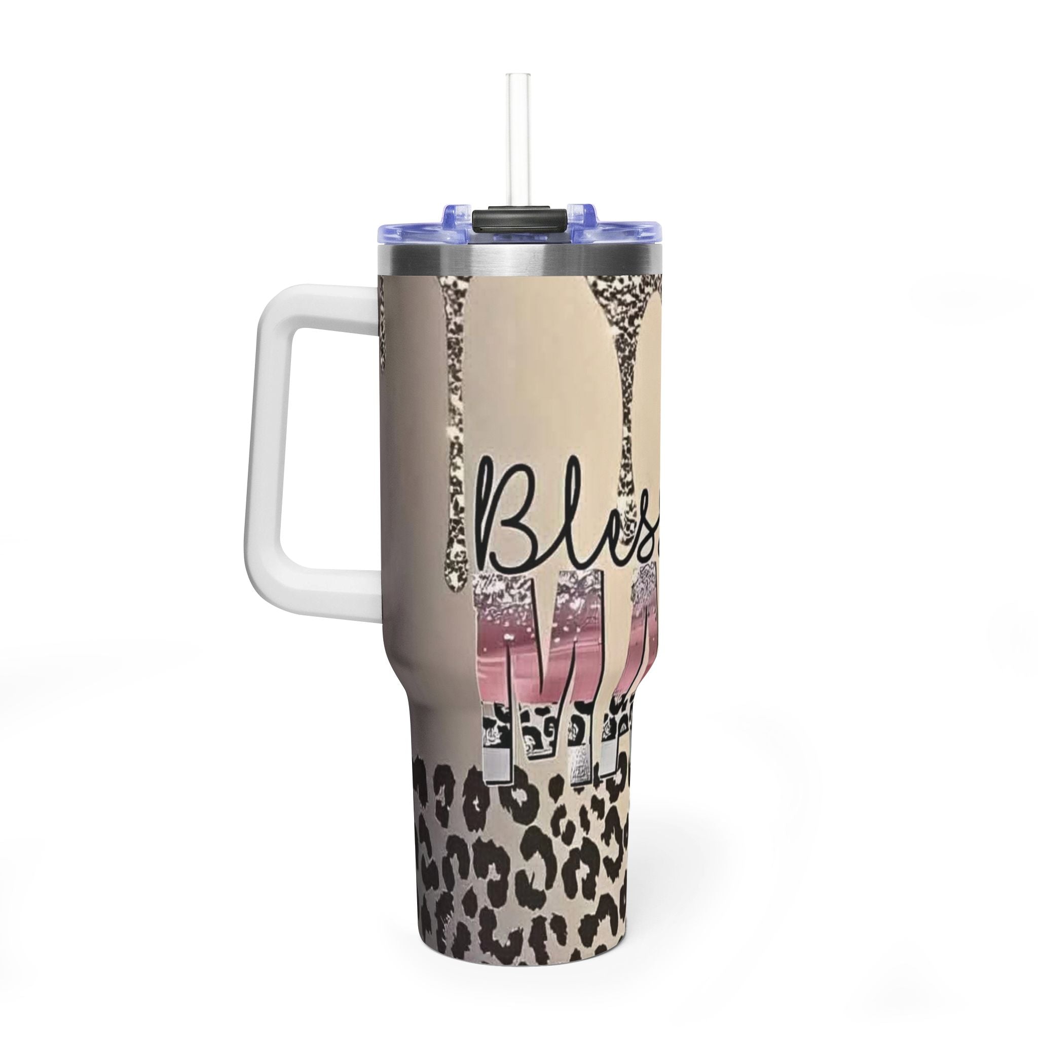 Blessed Leopard 40oz Vacuum Tumbler — Insulated Travel Cup with Glitter Drip Design