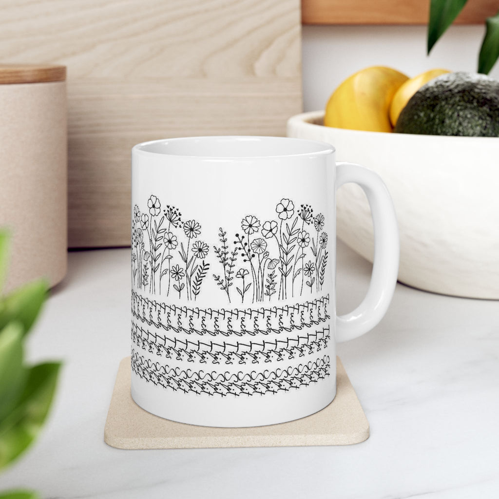 Floral Knit Pattern Ceramic Mug — Black Doodle Wildflower Design (11oz & 15oz)