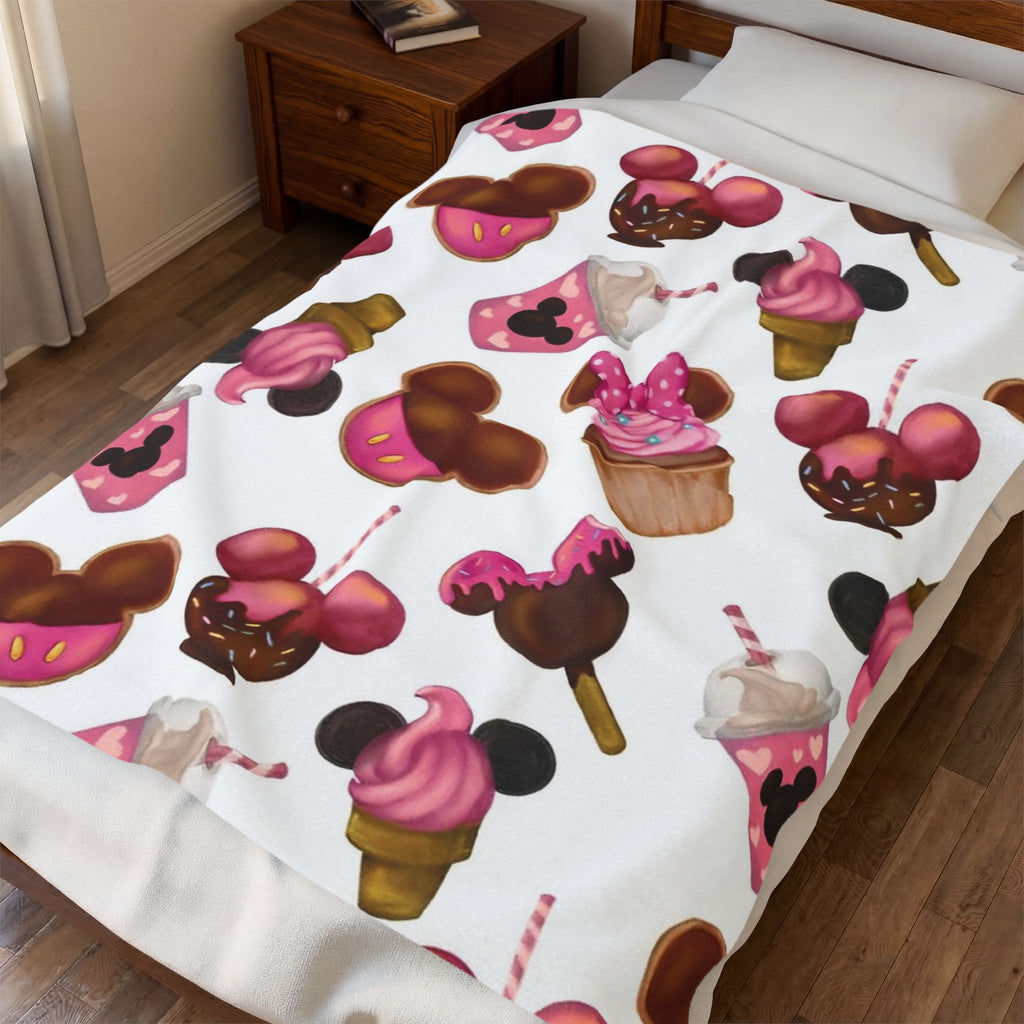Pink Mickey Treats Velveteen Plush Blanket — Cute Disney Snack Pattern Cozy Throw