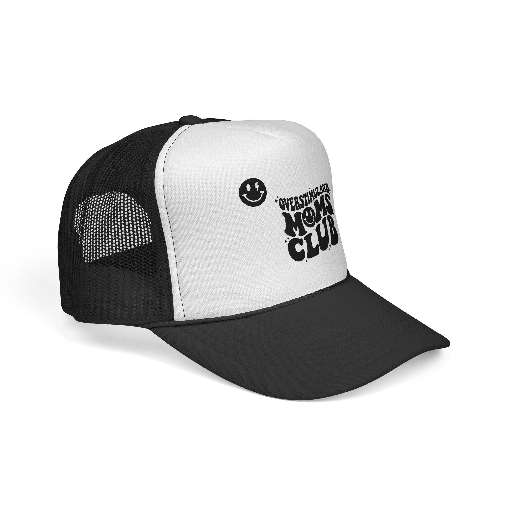 Overstimulated Moms Club Trucker Cap | Retro Smiley Mom Design