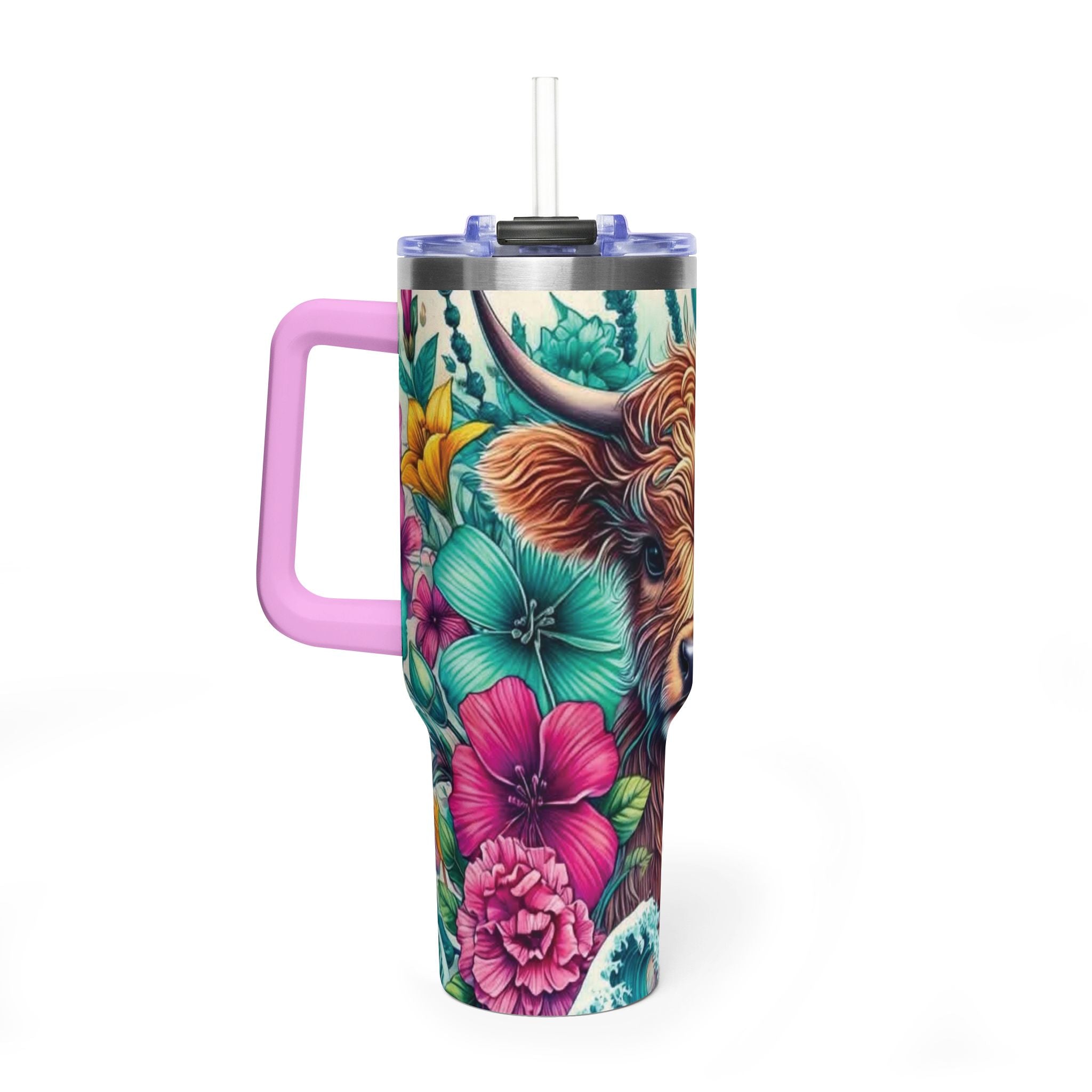 40oz Thermal Tumbler – Floral Highland Cow Insulated Travel Mug